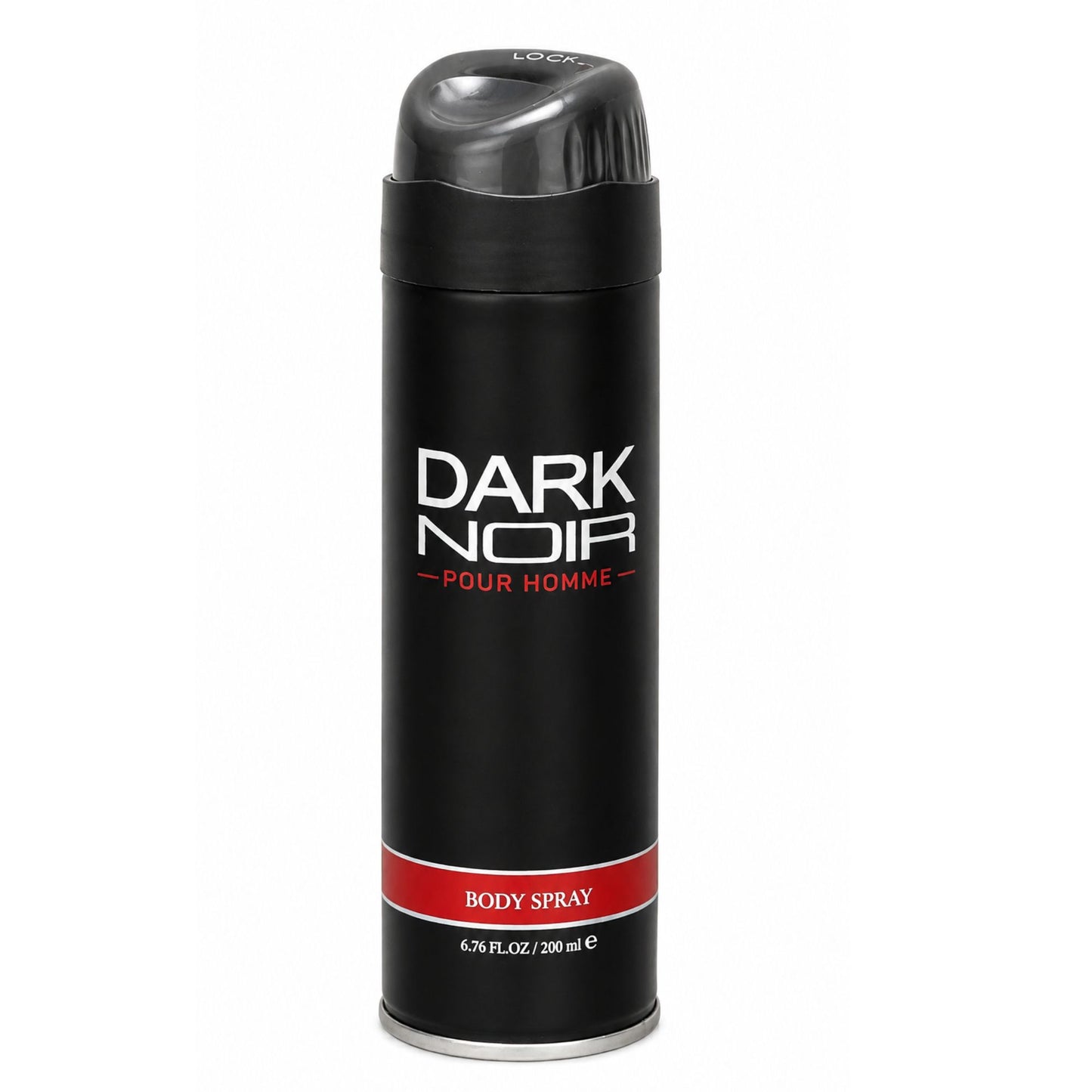 A black aerosol can of Dark Noir Pour Homme Body Spray on a plain white background. The can features a black cap, white text for the brand name, and a red band near the bottom with the words 'BODY SPRAY'.