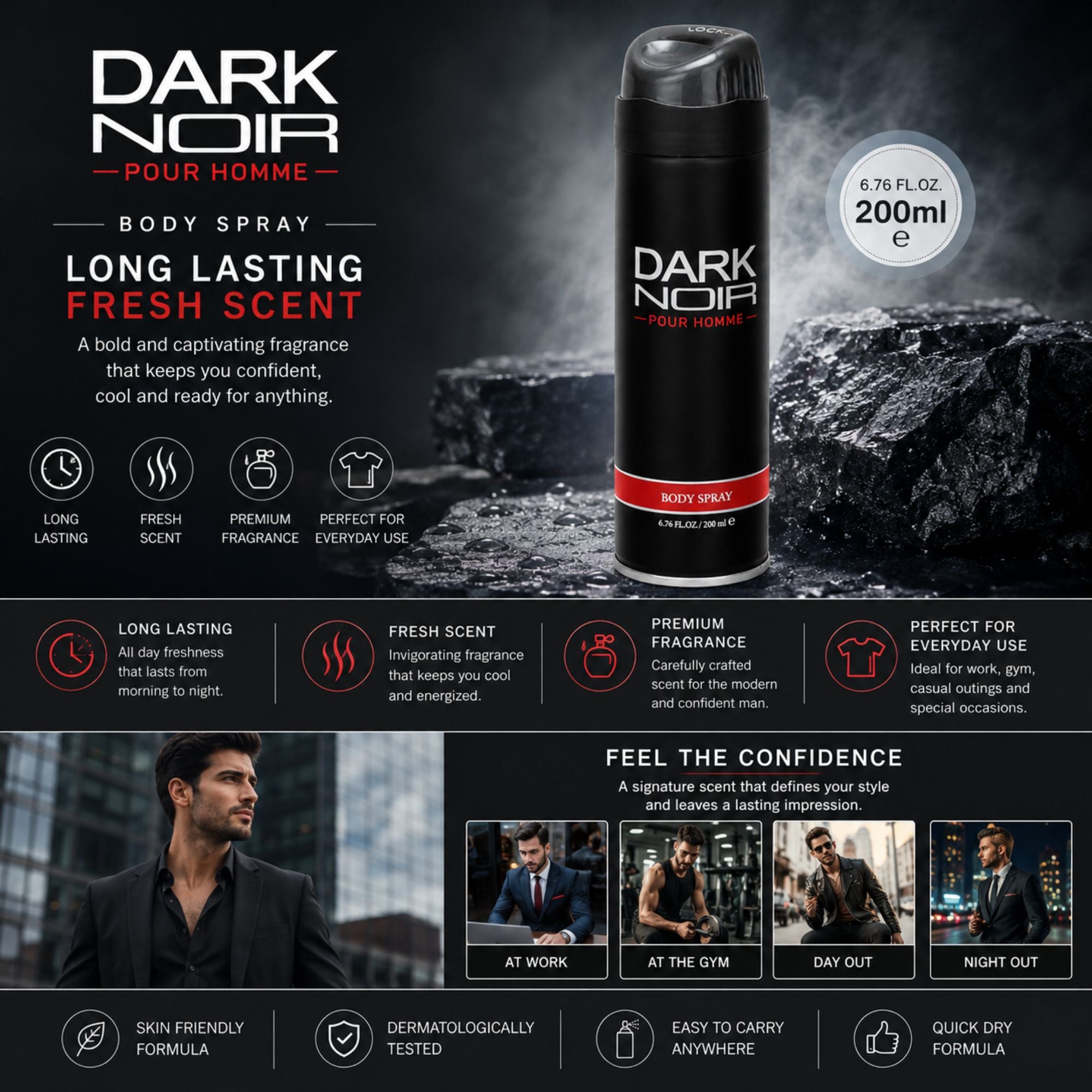 Dark Noir Body Spray advertisement for 'Pour Homme' body spray, featuring a black cylindrical spray bottle with a red label, set against a dark smoky background with a model and various marketing text and icons.