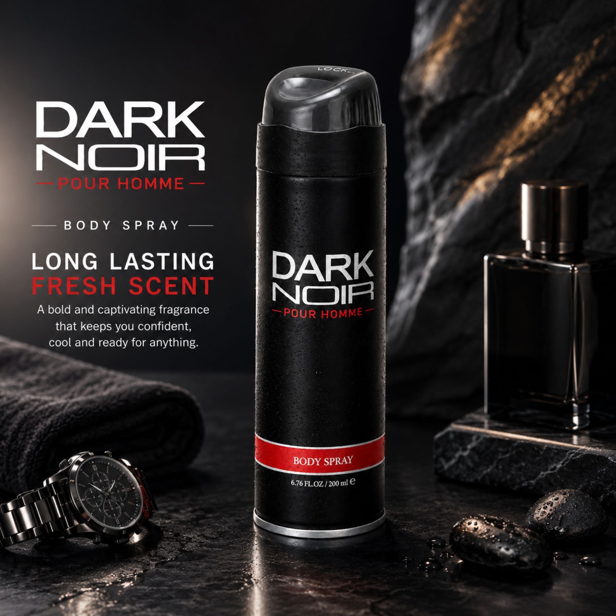 A bottle of Dark Noir Pour Homme body spray stands upright on a dark textured surface, surrounded by a watch, a perfume bottle, and dark stones. The product packaging is black with white and red text, and the background is a dark, moody setting with black and gray tones.