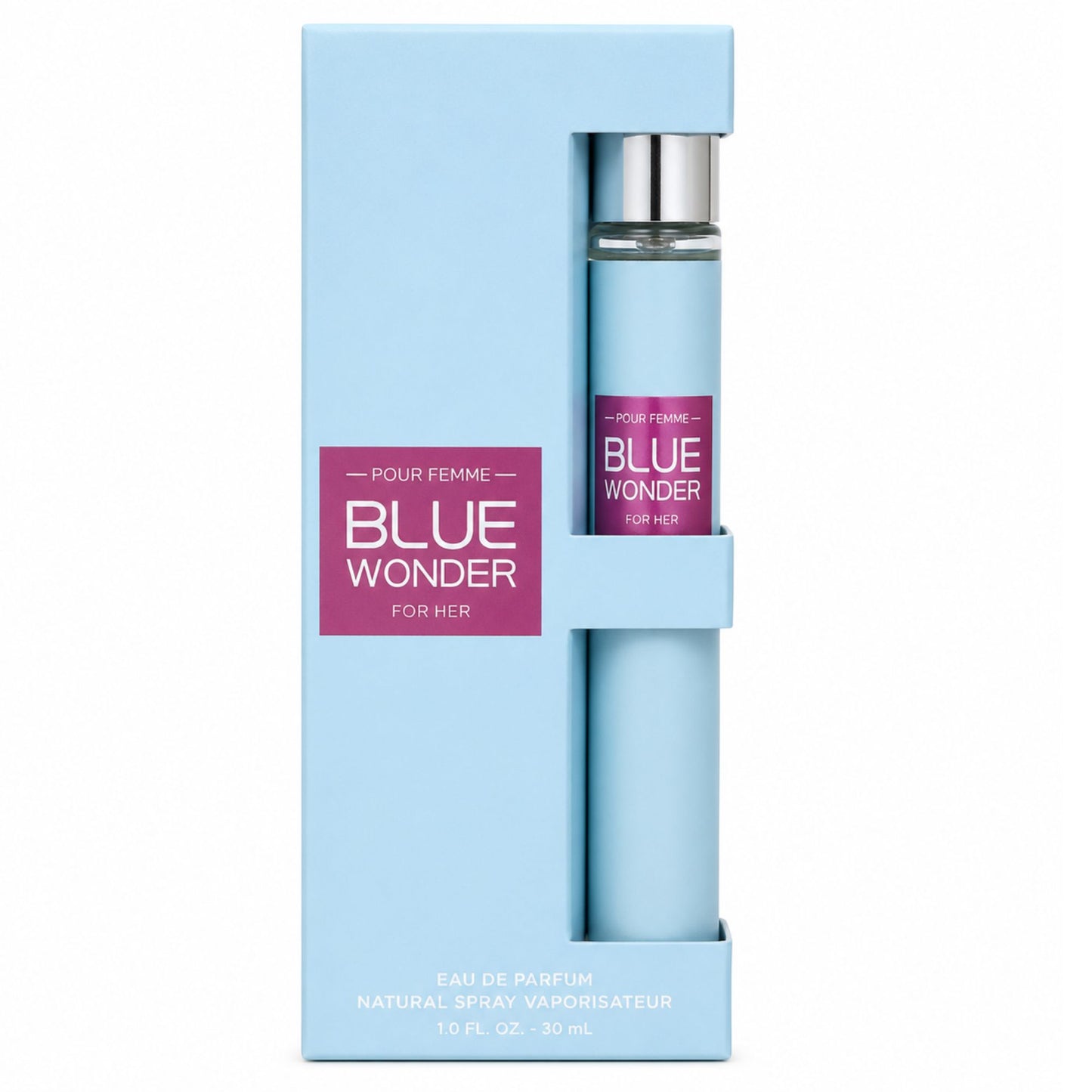 Blue Wonder For Her Eau de Parfum 30ml bottle in its light blue packaging box, featuring a magenta label.