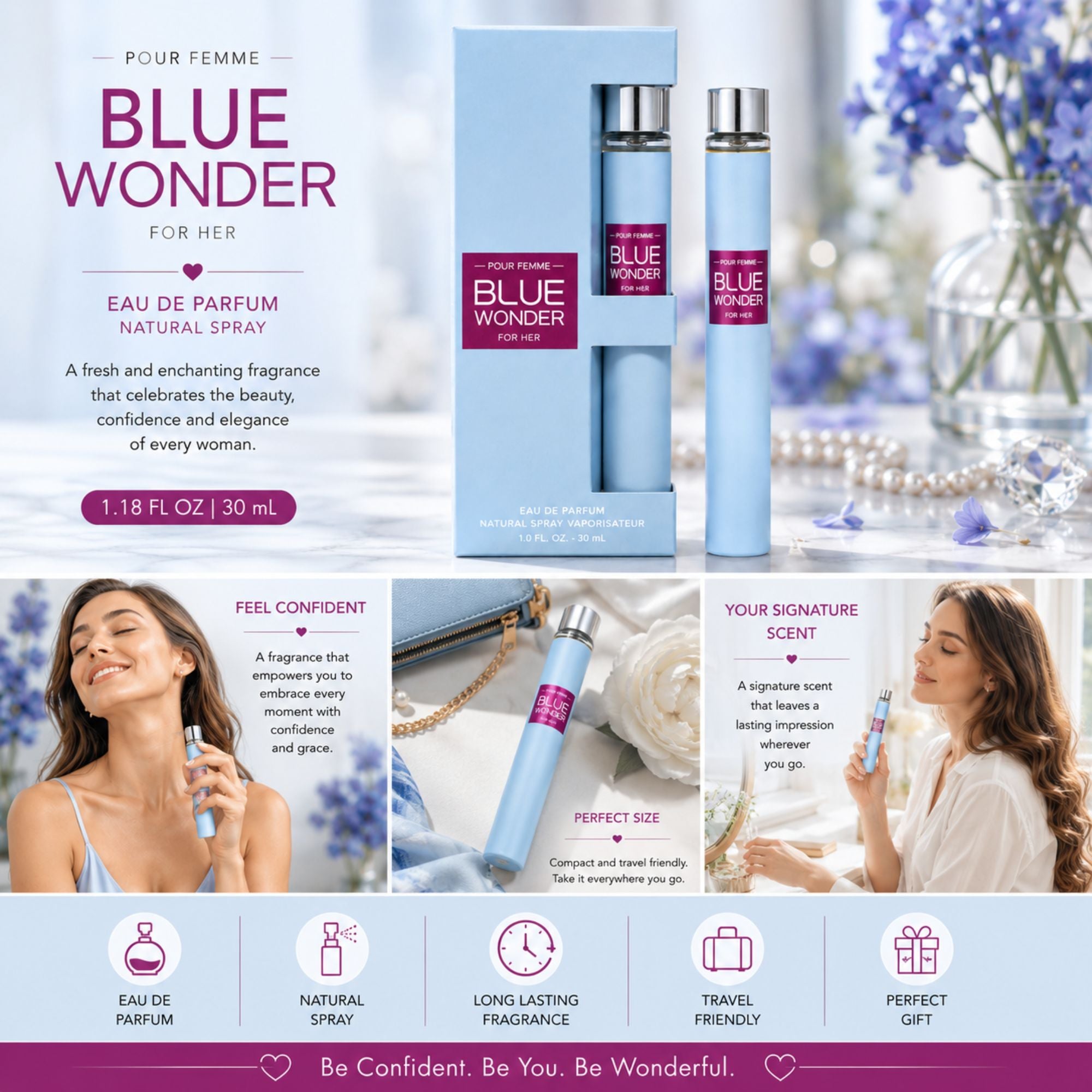 Blue Wonder Eau de Parfum bottle and its matching blue box shown on a light blue promotional graphic with text, small lifestyle photos of a woman using the spray, and feature icons along the bottom.