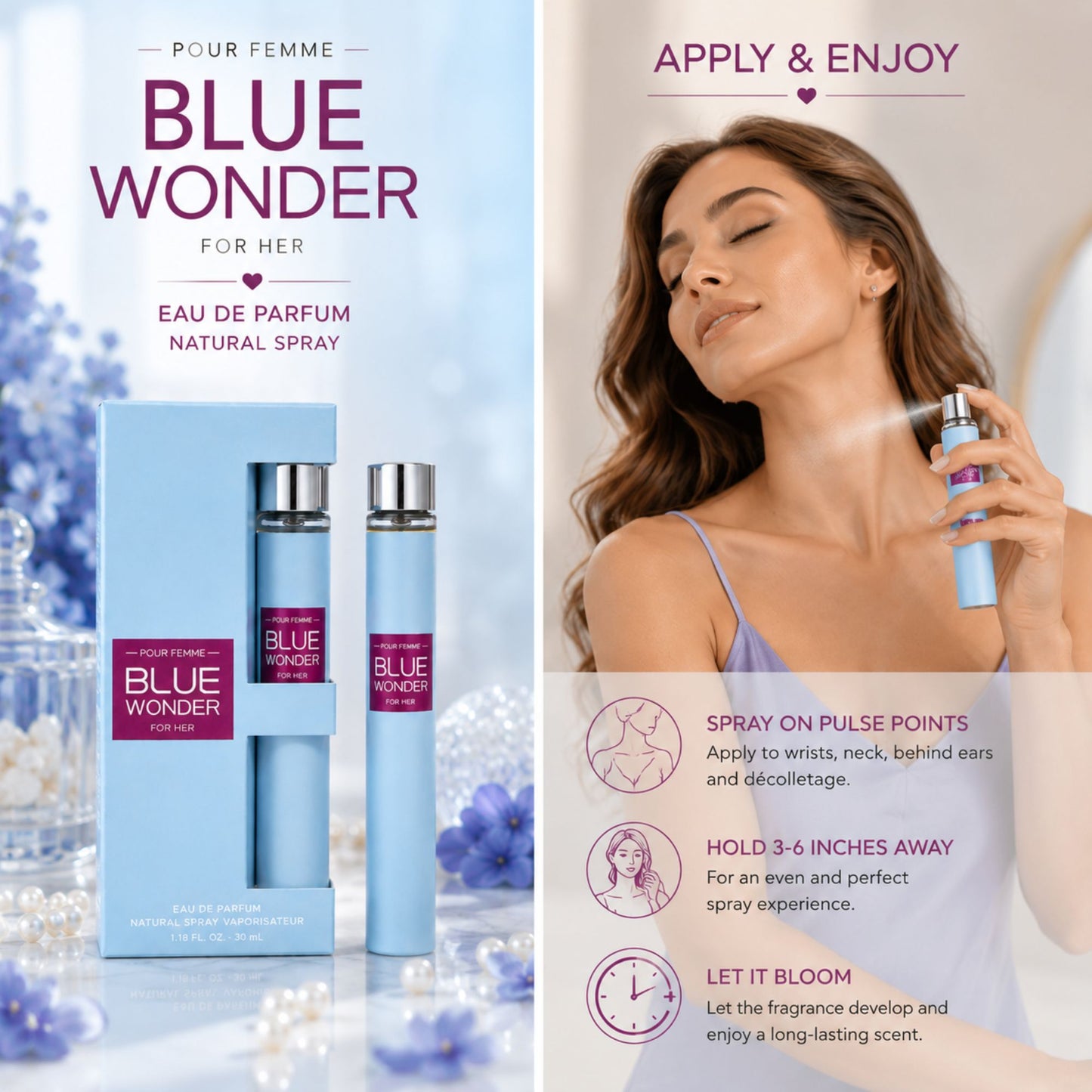 Blue Wonder Eau De Parfum natural spray bottle and box shown alongside a woman applying the fragrance, with text instructions on the right side.