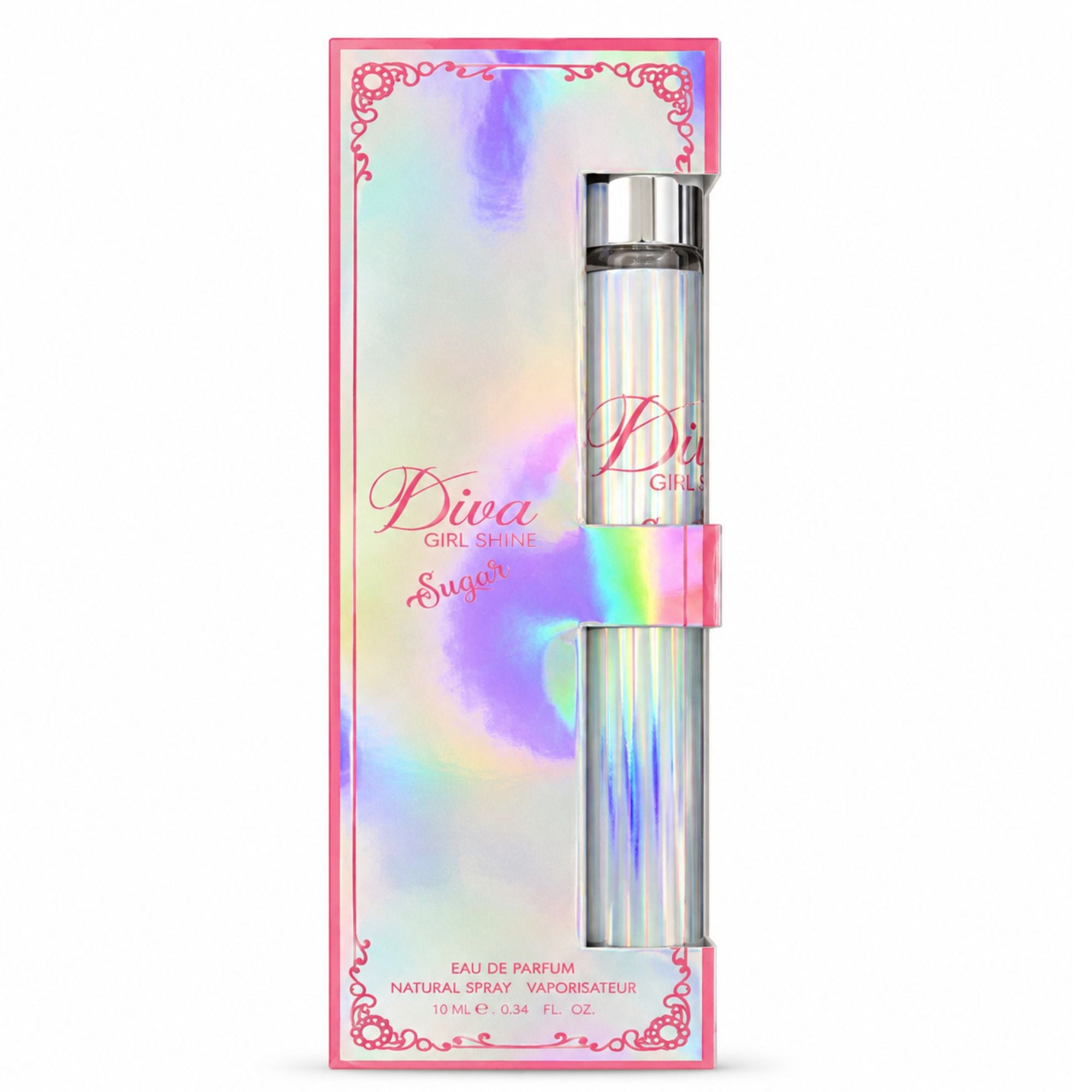 Diva Girl Scent Sugar Eau De Parfum 10ml bottle in its original packaging, featuring a holographic iridescent box with pink borders and a matching pink band around the bottle.