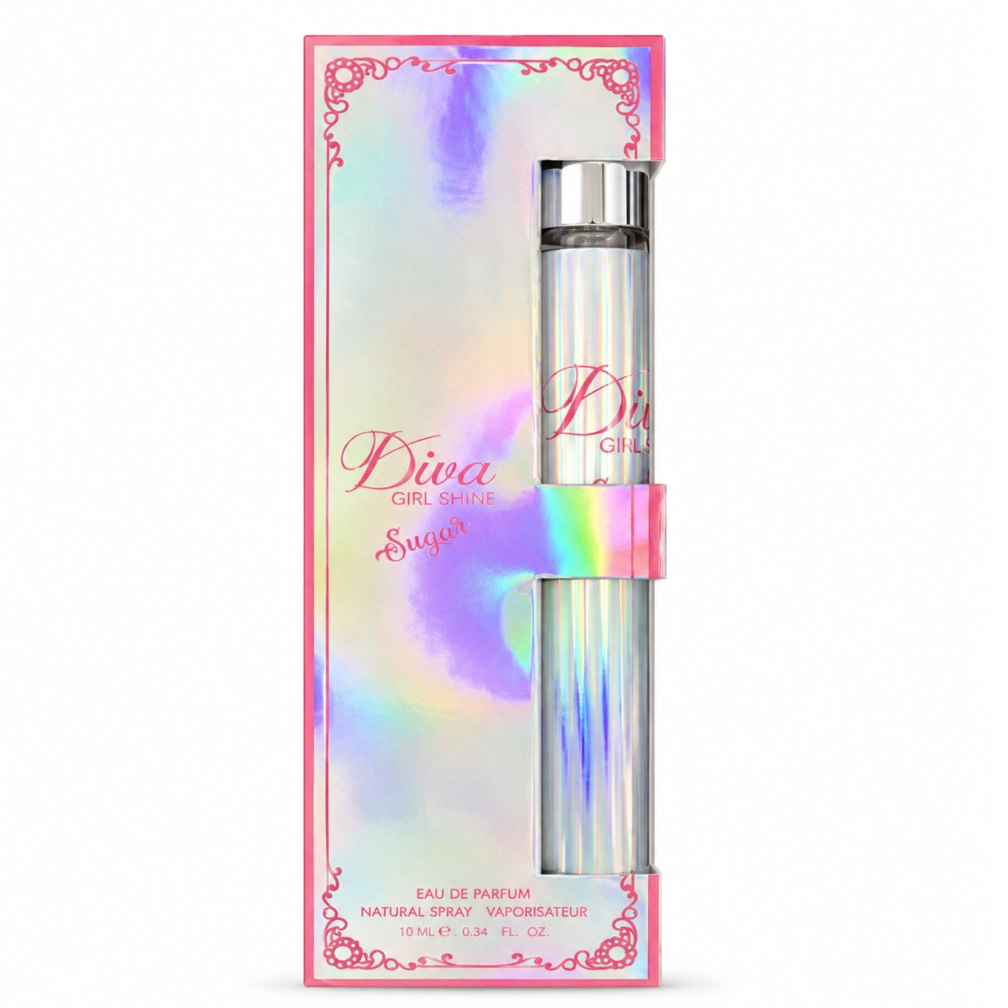 Diva Girl Scent Sugar Eau De Parfum 10ml bottle in its original packaging, featuring a holographic iridescent box with pink borders and a matching pink band around the bottle.