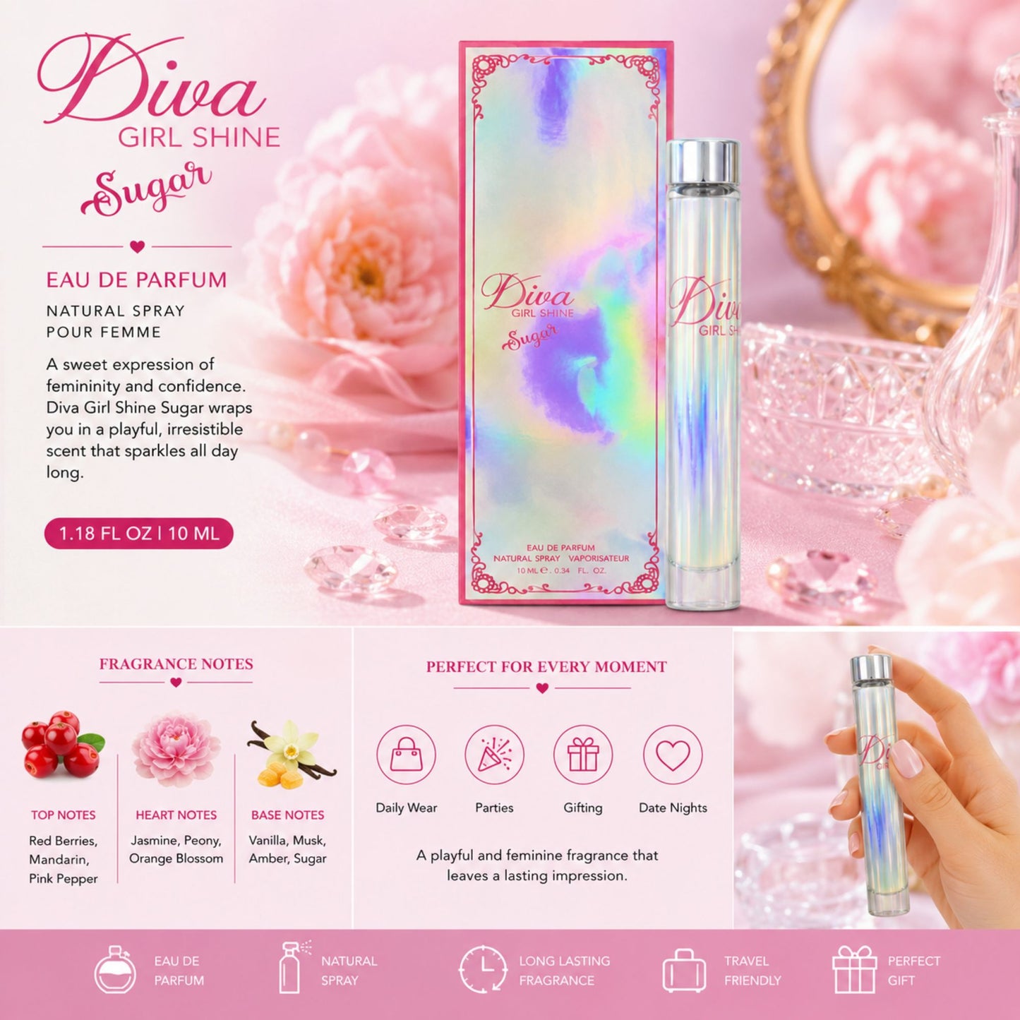 Diva Girl Shine Sugar Eau de Parfum bottle and box with an iridescent pink holographic finish, shown on a pink background with floral imagery and product details.