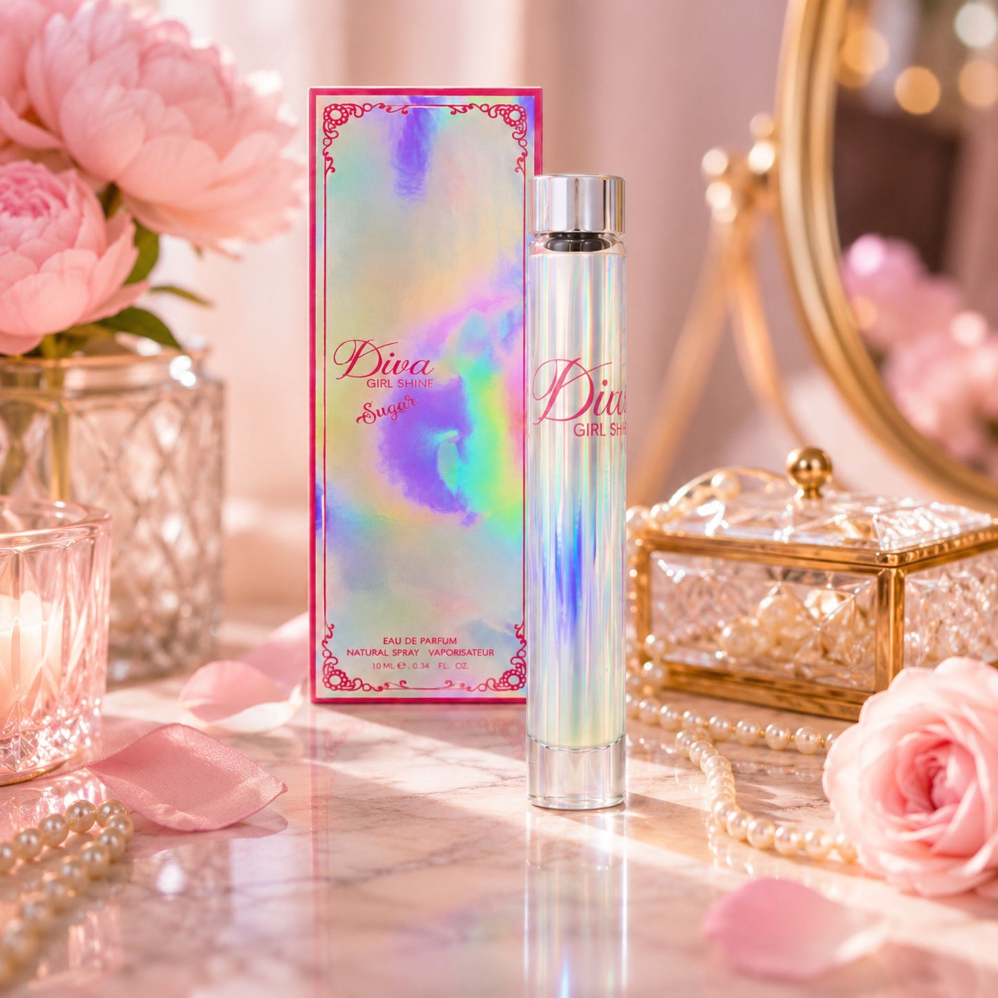 A perfume bottle and matching box labeled 'Diva by Dior' are styled on a marble surface with pink flowers, pearls, a candle, and a mirror in a soft pink setting.