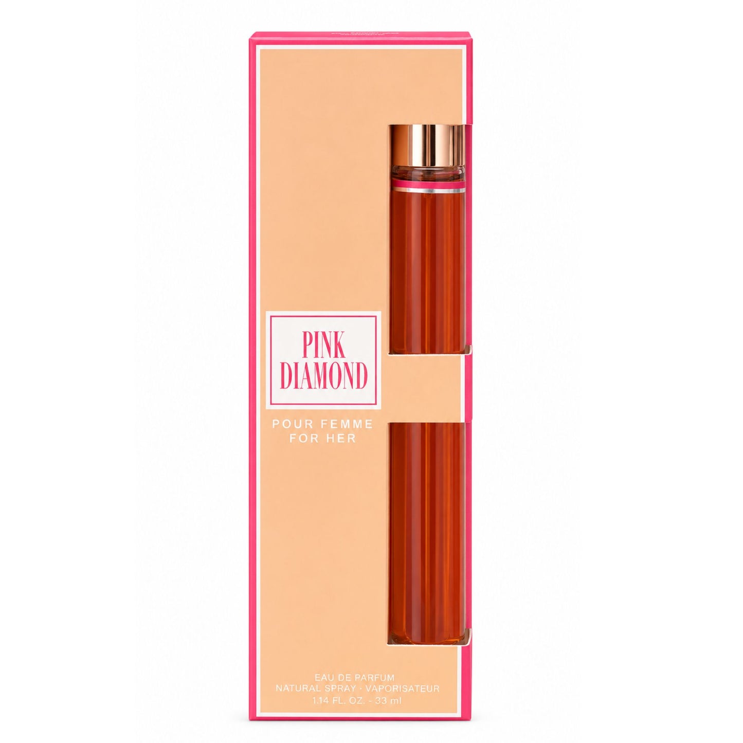 Pink Diamond Pour Femme Eau de Parfum natural spray in elegant peach and pink packaging, featuring two compact fragrance bottles in a vertical gift-style box.