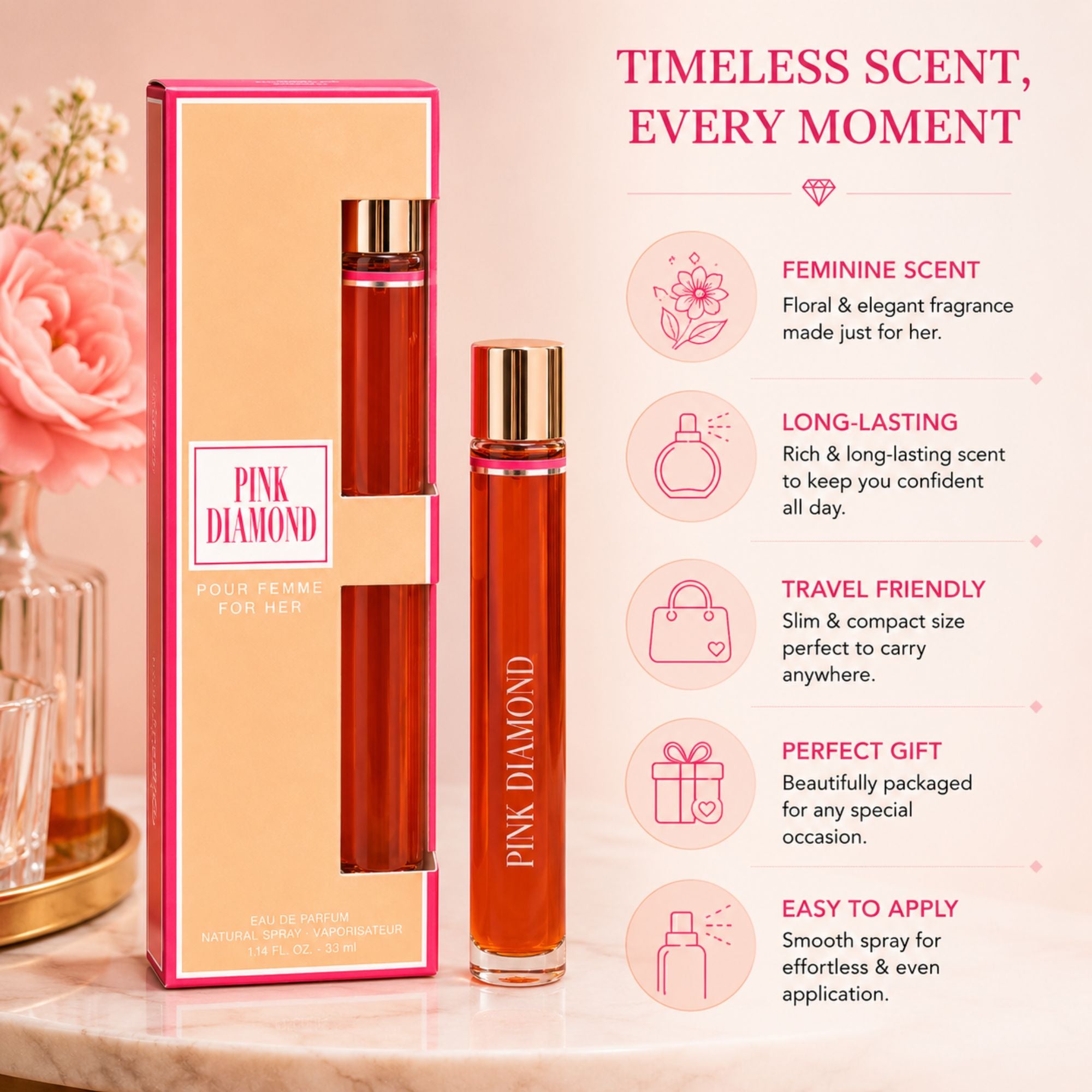 Pink Diamond Pour Femme Eau de Parfum natural spray in peach and pink packaging, featuring a sleek perfume bottle and elegant presentation box.