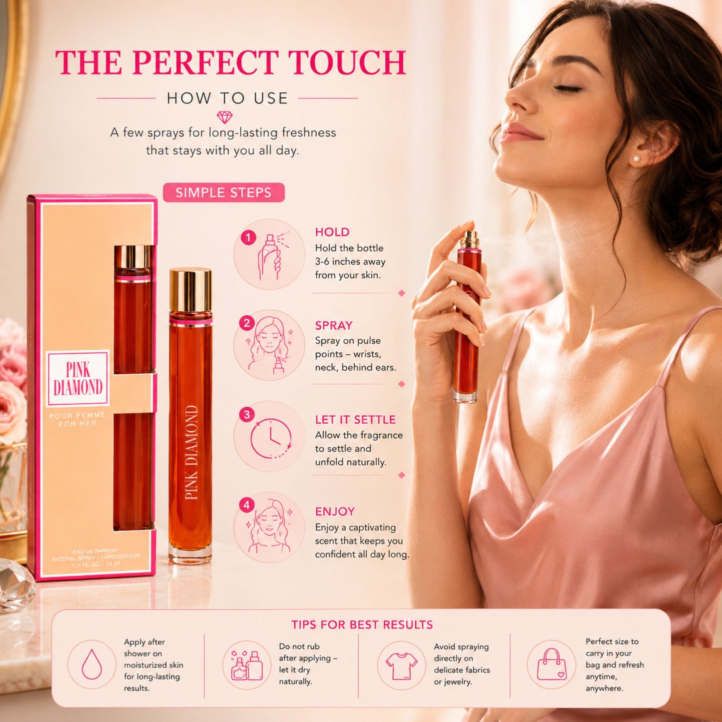 Pink Diamond Pour Femme Eau de Parfum application guide showing a woman spraying fragrance on pulse points, with simple steps for holding, spraying, letting the scent settle, and enjoying the fragrance.