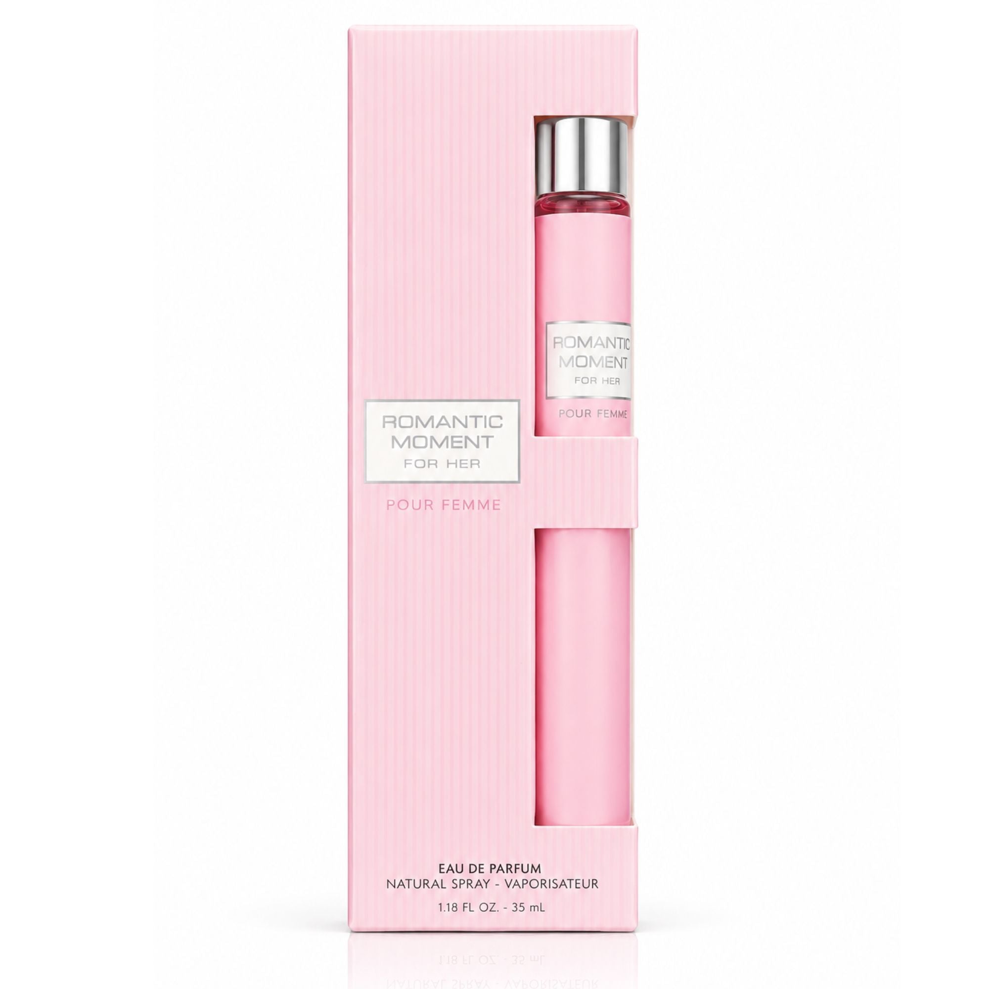 Romantic Moment Pour Femme Eau de Parfum natural spray for women, 1.18 fl oz (35 mL), in elegant pink-striped packaging with a matching pink fragrance bottle.