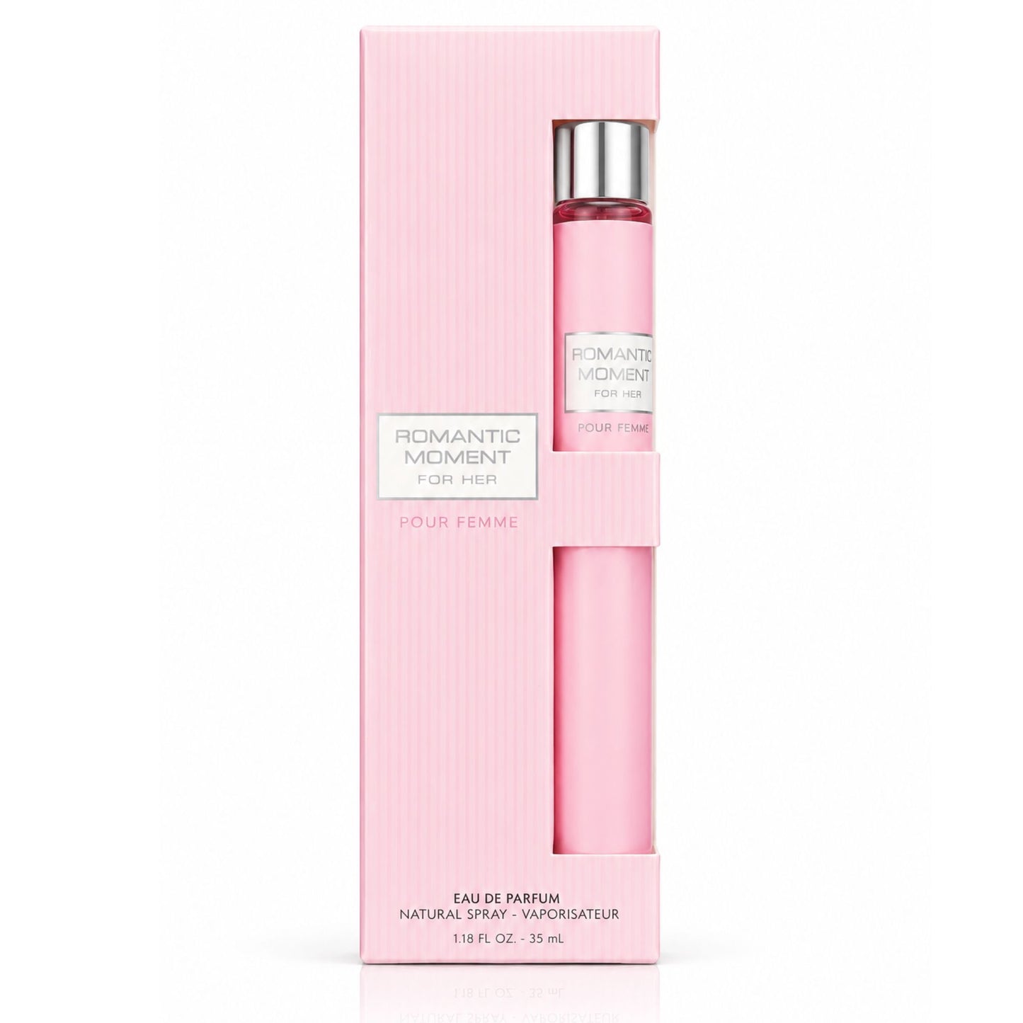 Romantic Moment Pour Femme Eau de Parfum natural spray for women, 1.18 fl oz (35 mL), in elegant pink-striped packaging with a matching pink fragrance bottle.