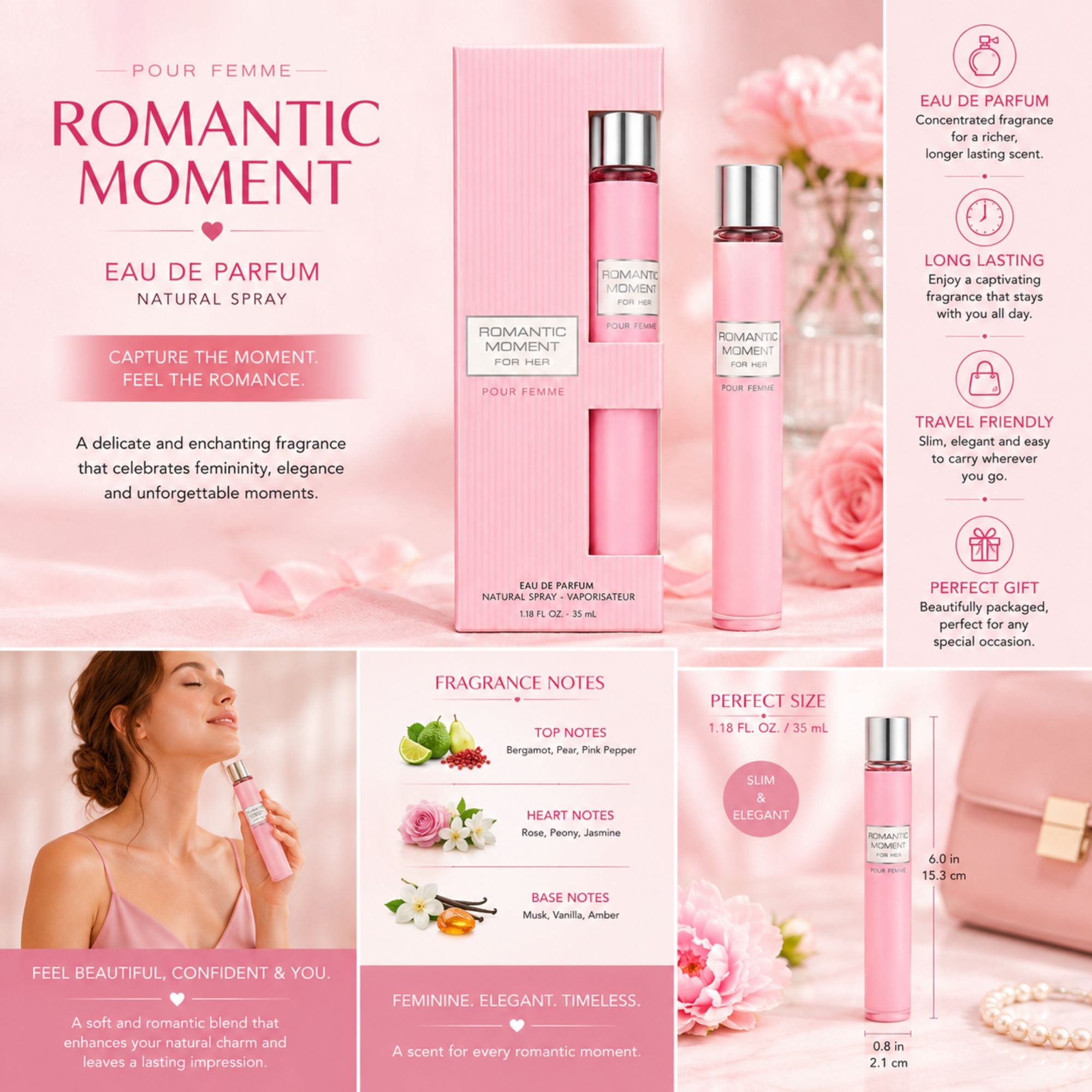 Romantic Moment Pour Femme Eau de Parfum for women in elegant pink packaging, featuring the 1.18 fl oz natural spray with floral fragrance notes, a long-lasting scent, travel-friendly size, and gift-ready presentation.