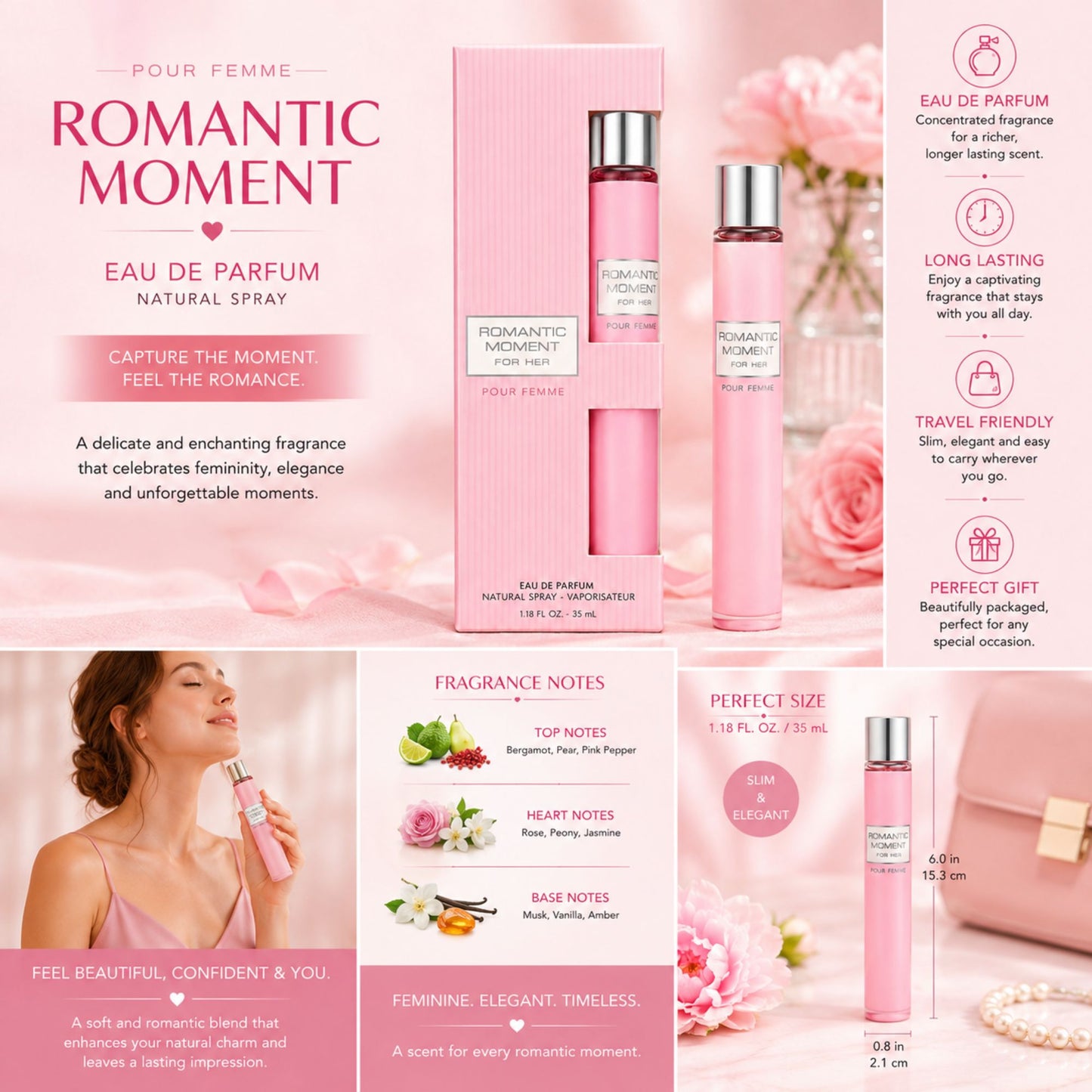 Romantic Moment Pour Femme Eau de Parfum for women in elegant pink packaging, featuring the 1.18 fl oz natural spray with floral fragrance notes, a long-lasting scent, travel-friendly size, and gift-ready presentation.