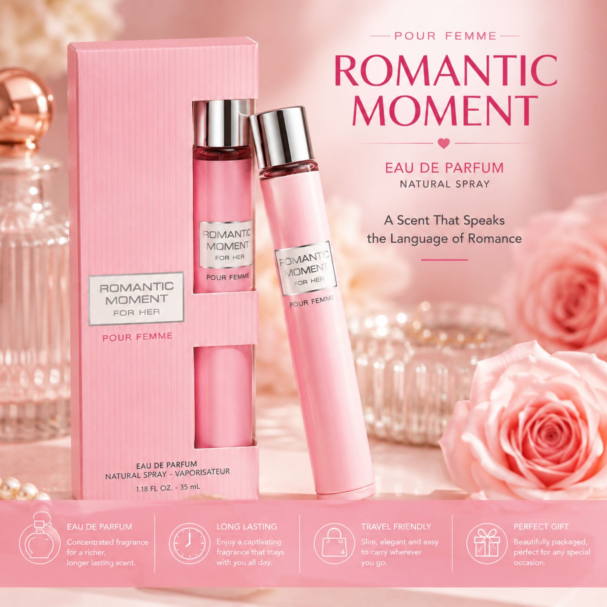 Close-up scene featuring Romantic Moment Pour Femme Eau de Parfum in a soft pink 1.18 fl oz (35 mL) spray bottle and matching box, presented in an elegant feminine setting.