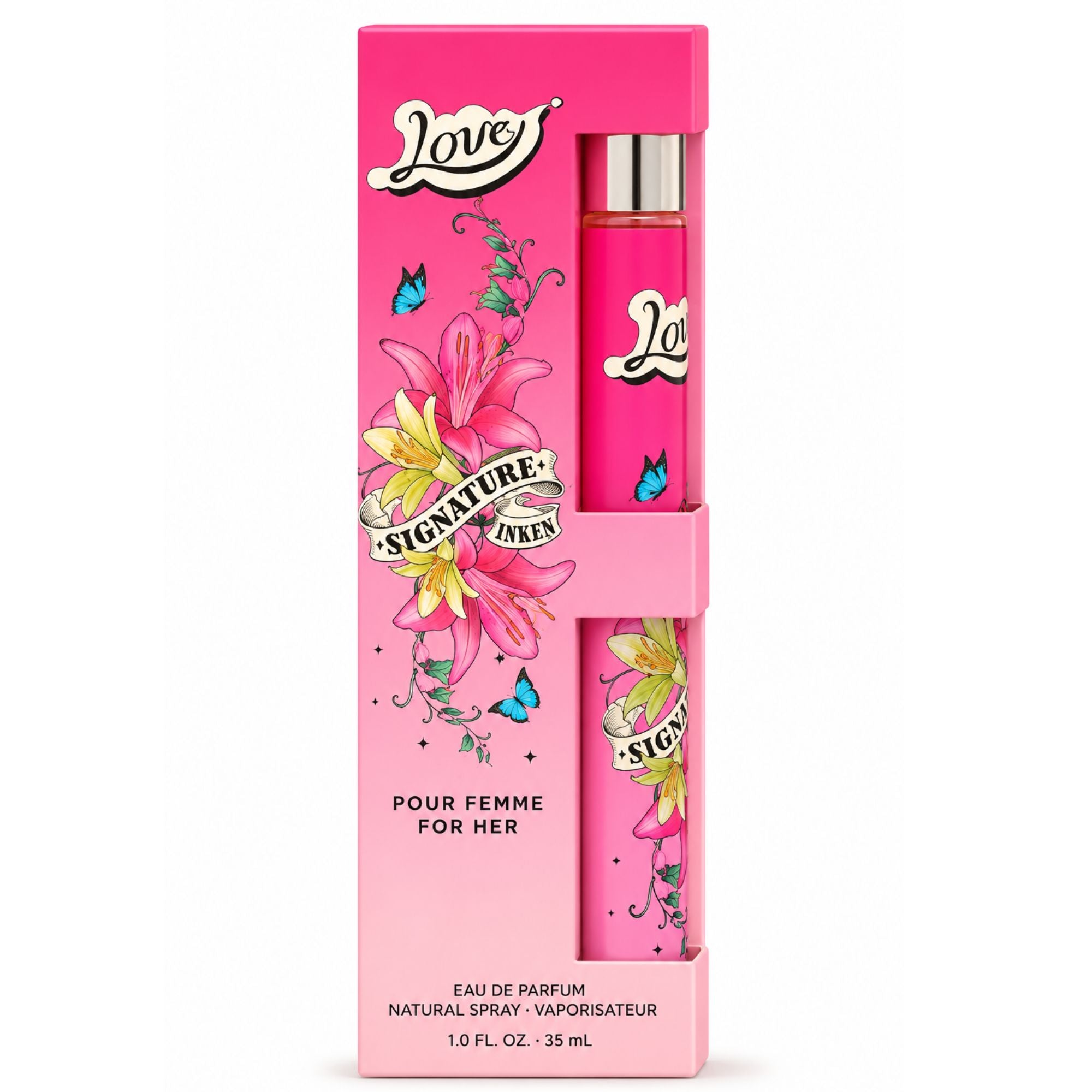 Pink Pour Femme Eau de Parfum natural spray for women in 1.0 fl oz (35 mL) floral packaging with colorful lily flowers, butterflies, and signature-inspired artwork.