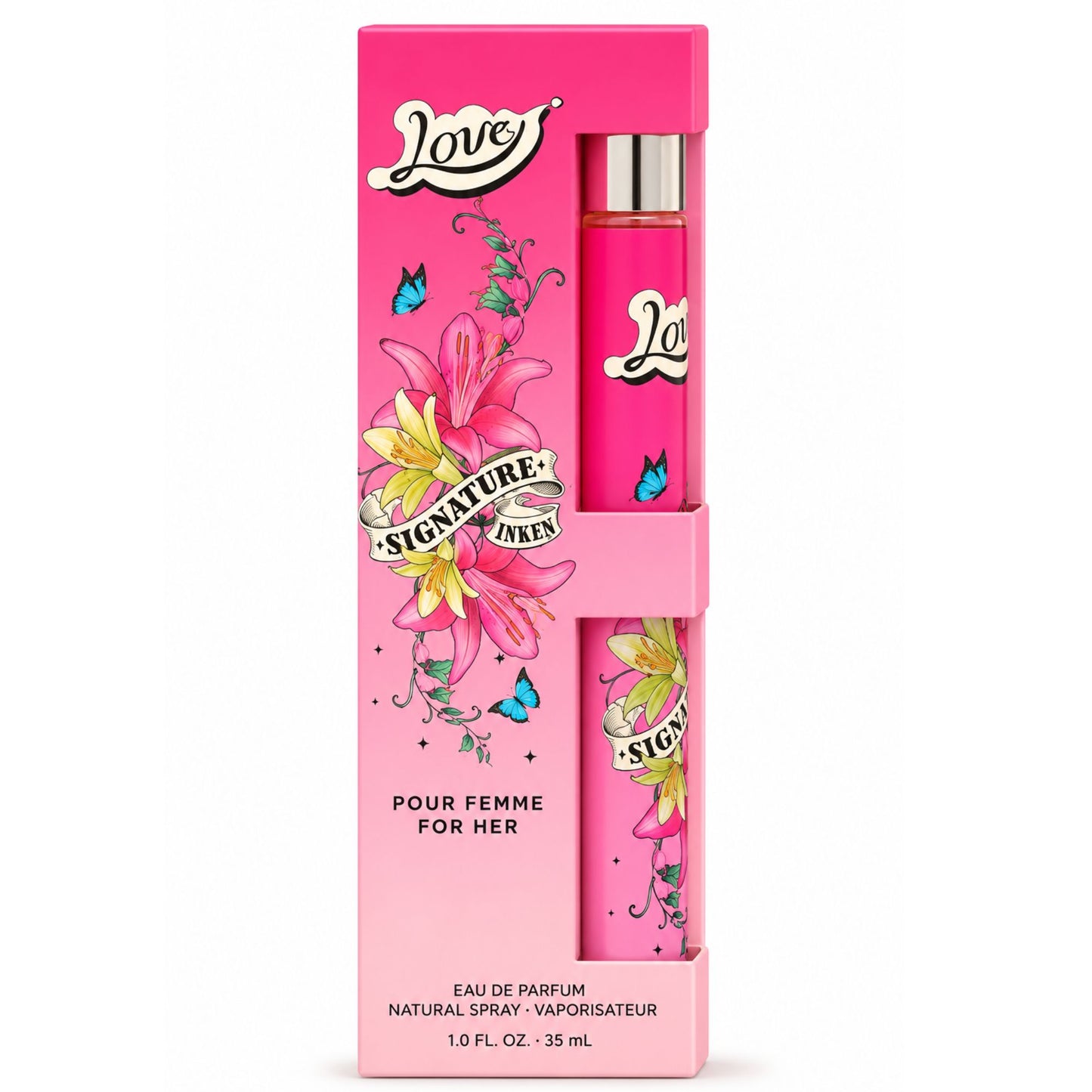 Pink Pour Femme Eau de Parfum natural spray for women in 1.0 fl oz (35 mL) floral packaging with colorful lily flowers, butterflies, and signature-inspired artwork.