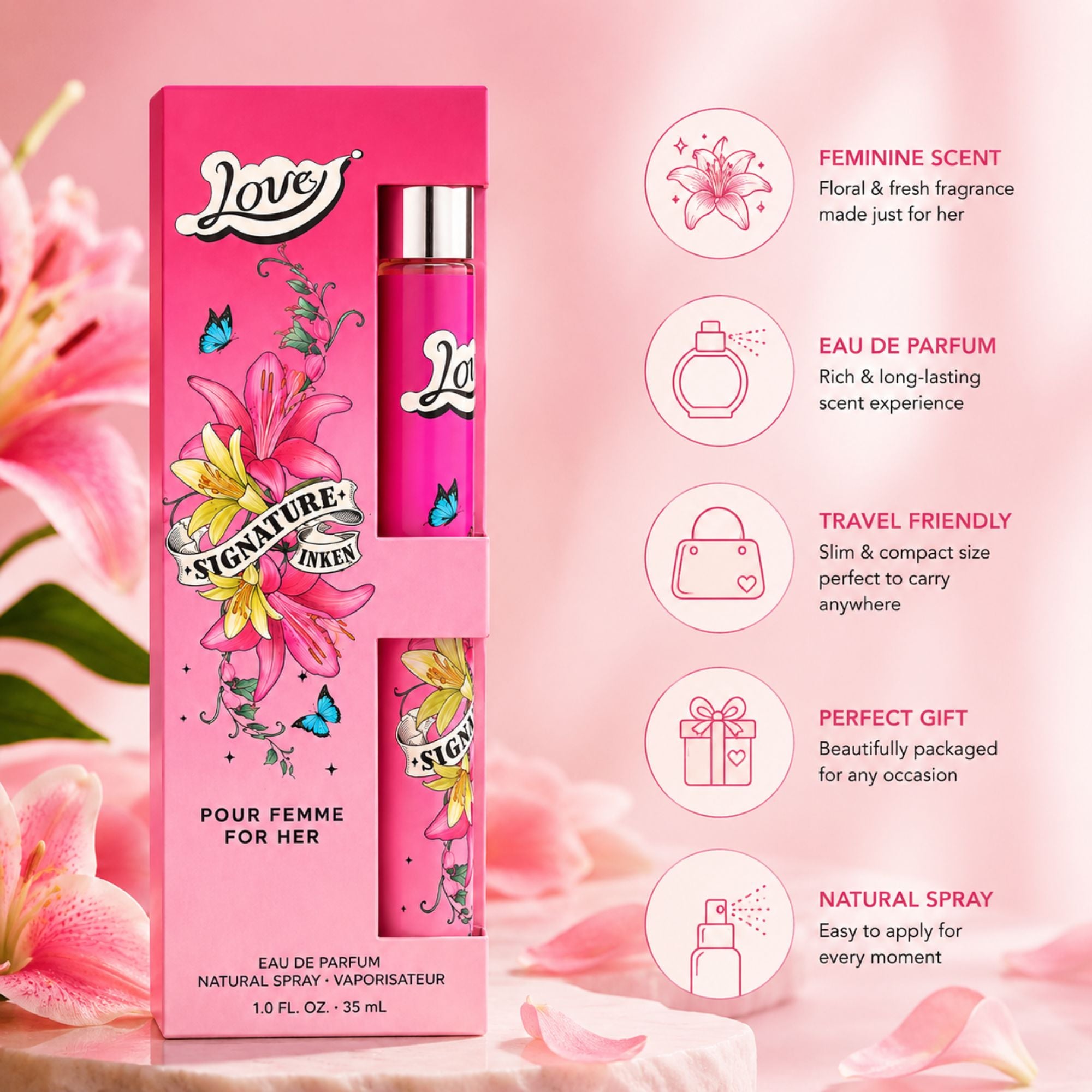 Pink Love Pour Femme Eau de Parfum natural spray for women in floral packaging, with product features highlighting feminine scent, long-lasting fragrance, travel-friendly size, gift-ready packaging, and easy application.