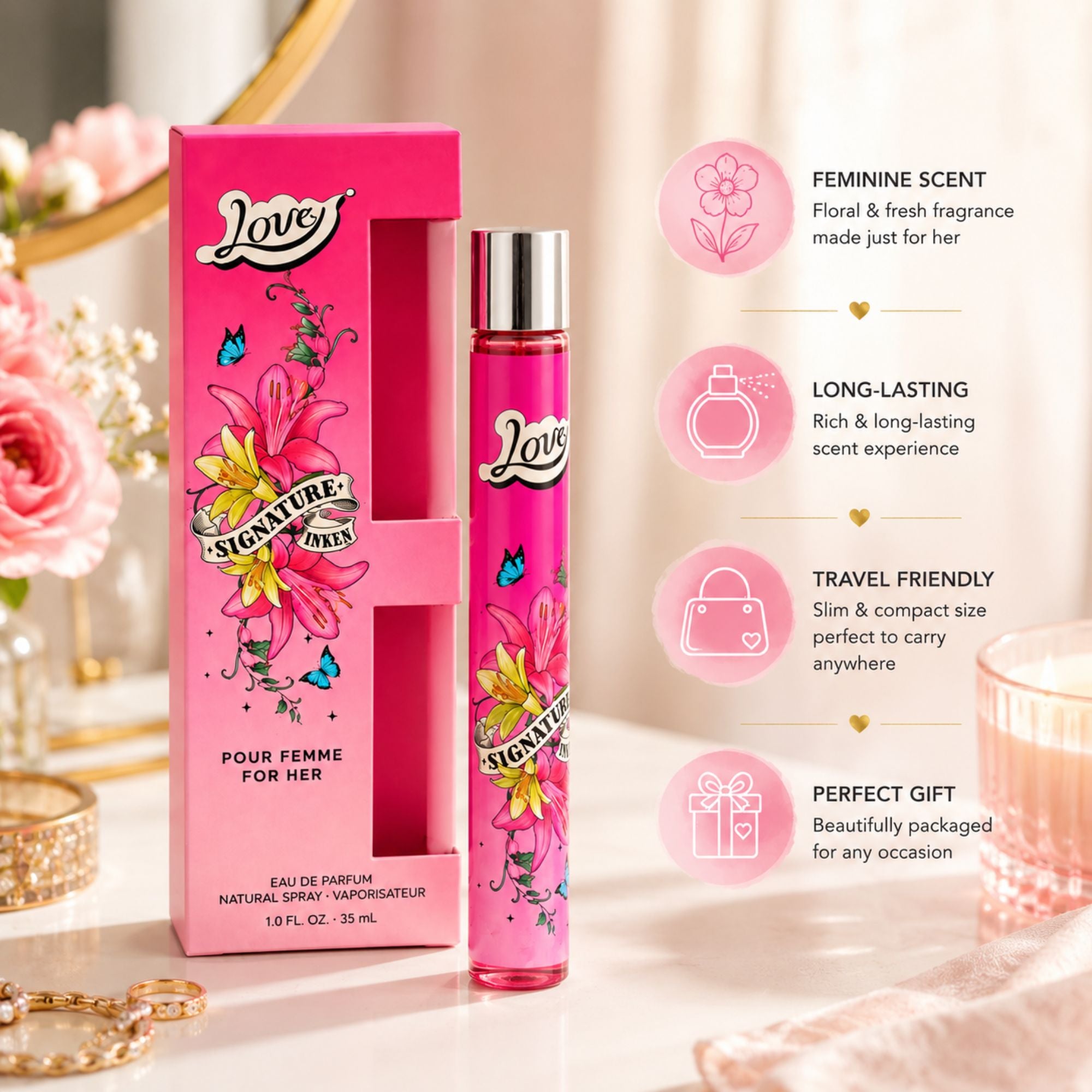 Love Pour Femme Eau de Parfum natural spray in pink floral packaging displayed on a vanity tray with roses, pearls, and soft feminine décor, featuring product qualities including feminine scent, long-lasting fragrance, travel-friendly size, and gift-ready packaging.