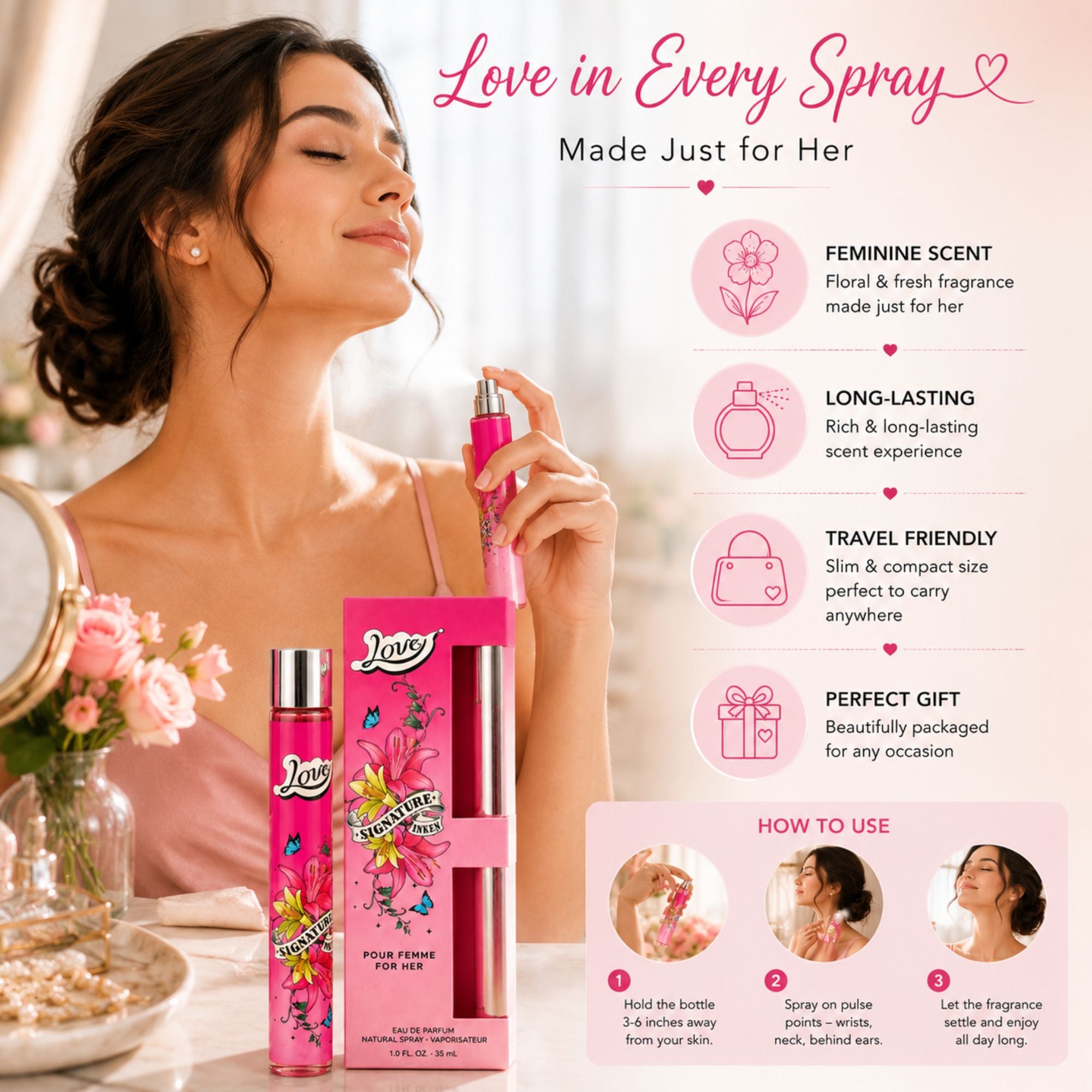Love Pour Femme Eau de Parfum being applied to the neck, with pink floral packaging displayed beside a vanity and callouts highlighting its feminine scent, long-lasting fragrance, travel-friendly size, and gift-ready design.