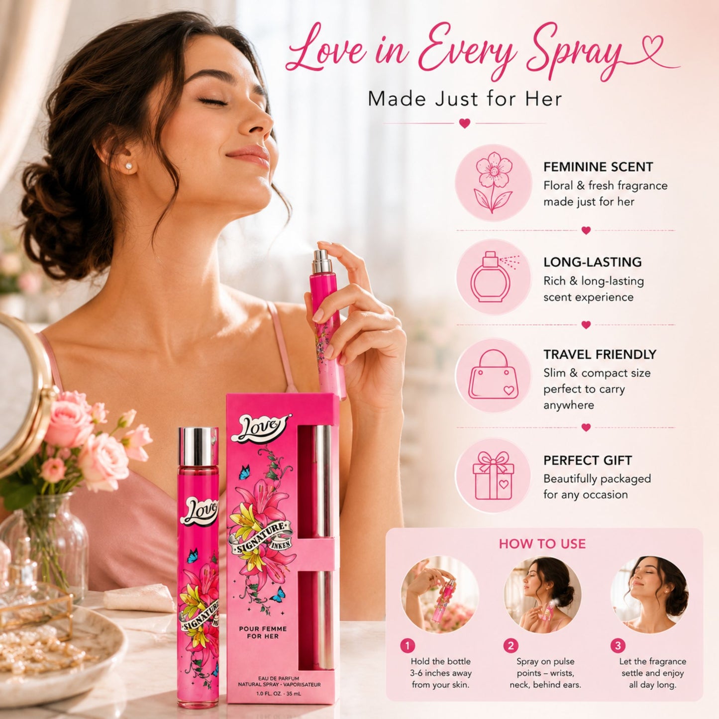 Love Pour Femme Eau de Parfum being applied to the neck, with pink floral packaging displayed beside a vanity and callouts highlighting its feminine scent, long-lasting fragrance, travel-friendly size, and gift-ready design.