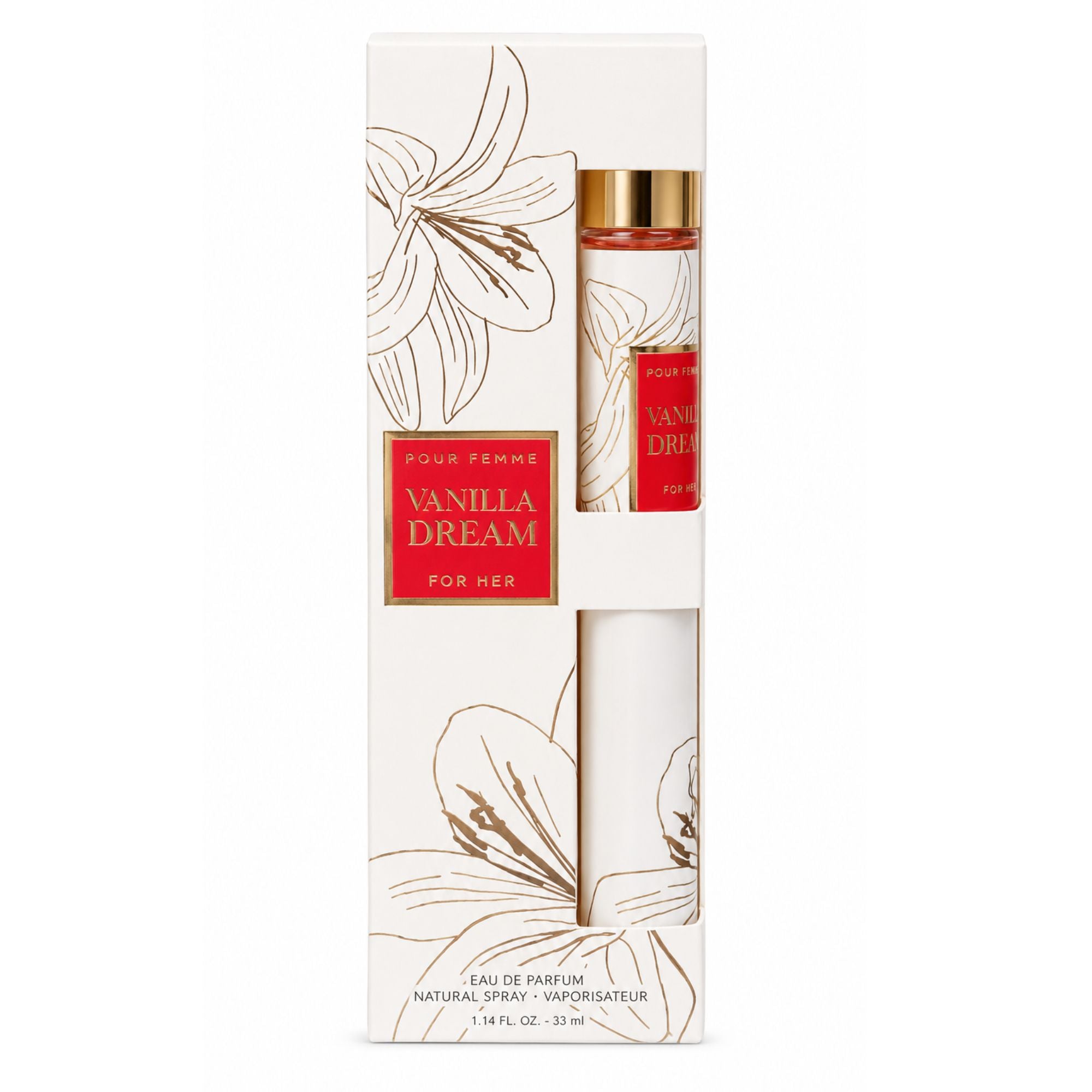 Vanilla Dream Pour Femme Eau de Parfum natural spray for women, 1.14 fl oz (33 mL), in elegant white floral packaging with gold accents and red labeling.
