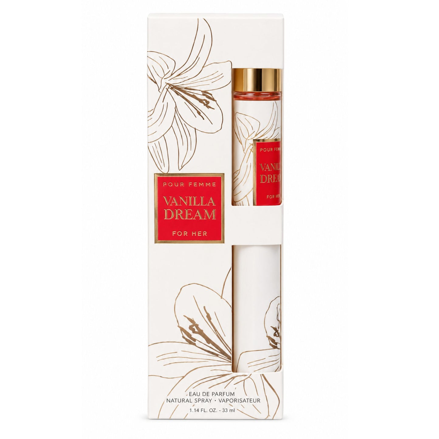 Vanilla Dream Pour Femme Eau de Parfum natural spray for women, 1.14 fl oz (33 mL), in elegant white floral packaging with gold accents and red labeling.