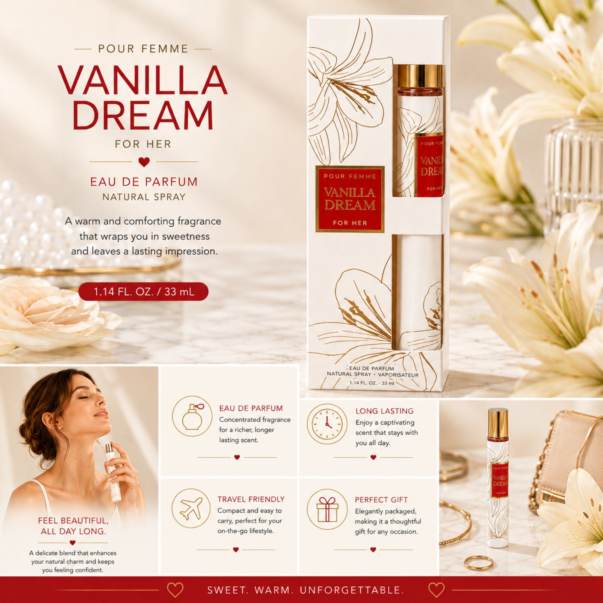 Vanilla Dream Pour Femme Eau de Parfum 1.14 fl oz natural spray with elegant floral packaging, perfume bottle, lifestyle application scene, and feature highlights.