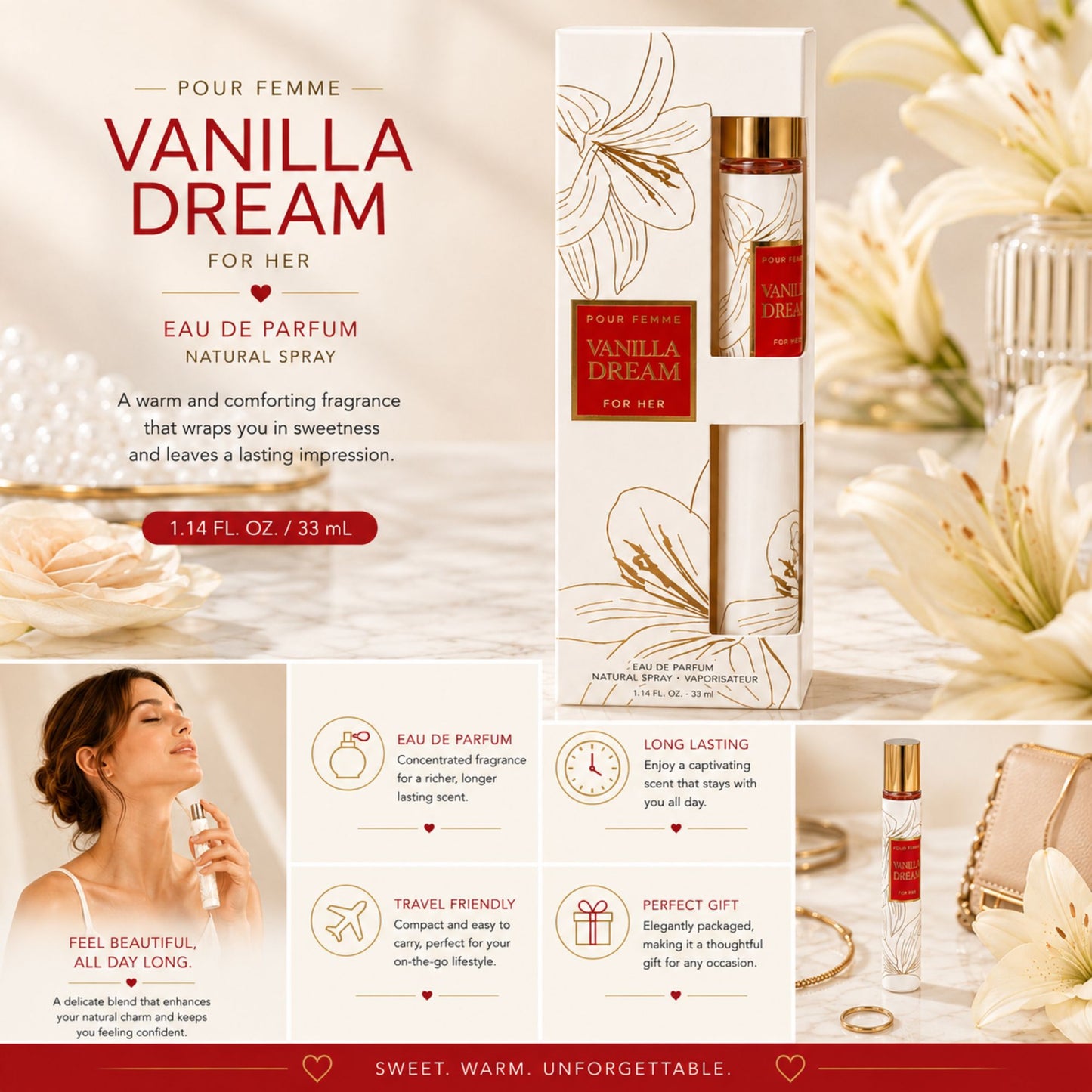 Vanilla Dream Pour Femme Eau de Parfum 1.14 fl oz natural spray with elegant floral packaging, perfume bottle, lifestyle application scene, and feature highlights.