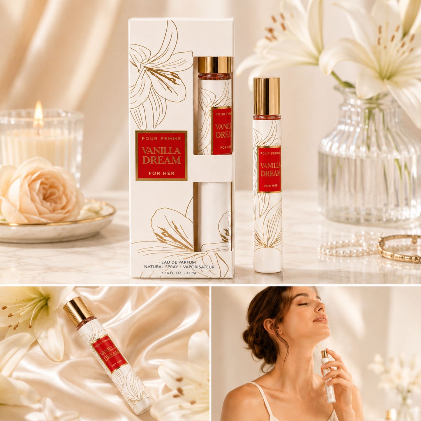 Vanilla Dream Pour Femme Eau de Parfum natural spray for women in elegant floral packaging, beautifully styled in a sophisticated fragrance scene.