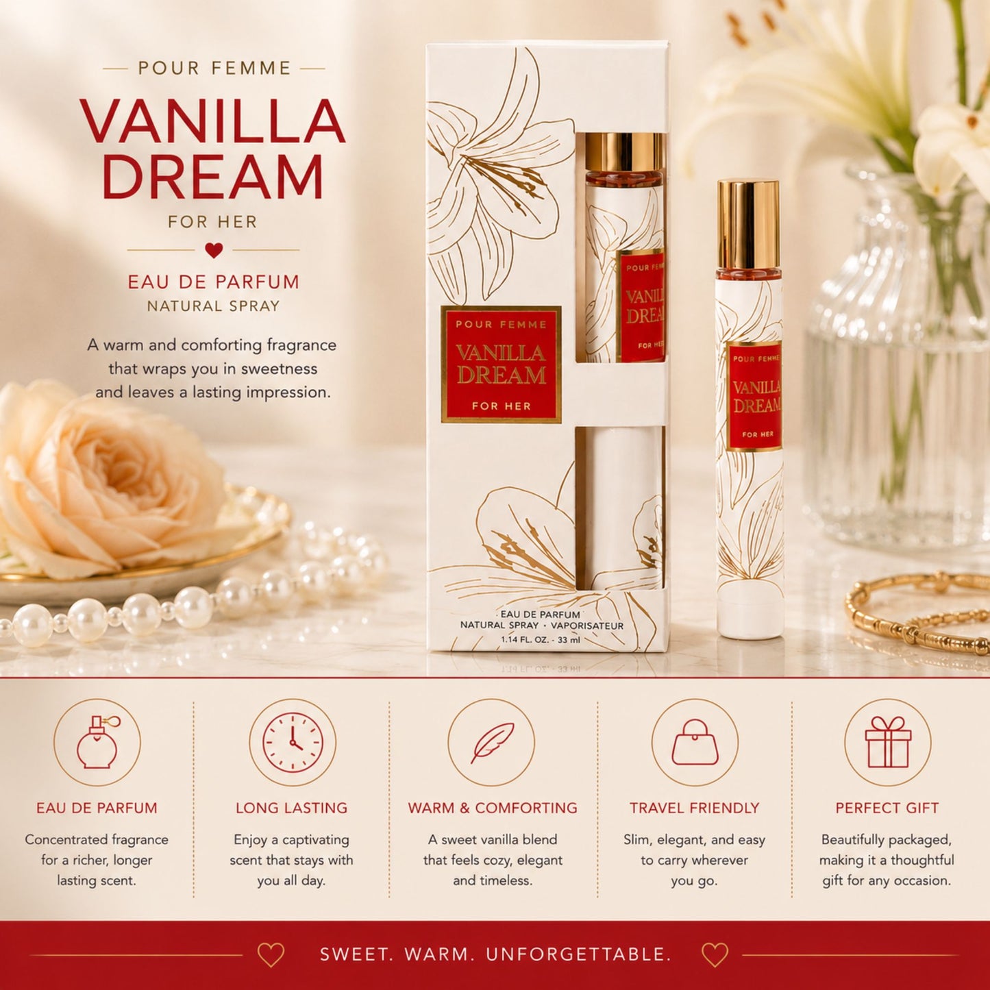 Vanilla Dream Pour Femme Eau de Parfum for women in elegant floral packaging, styled on a luxury vanity with rose, pearls, and gold accents, highlighting long-lasting, warm, comforting, travel-friendly, and gift-ready qualities.