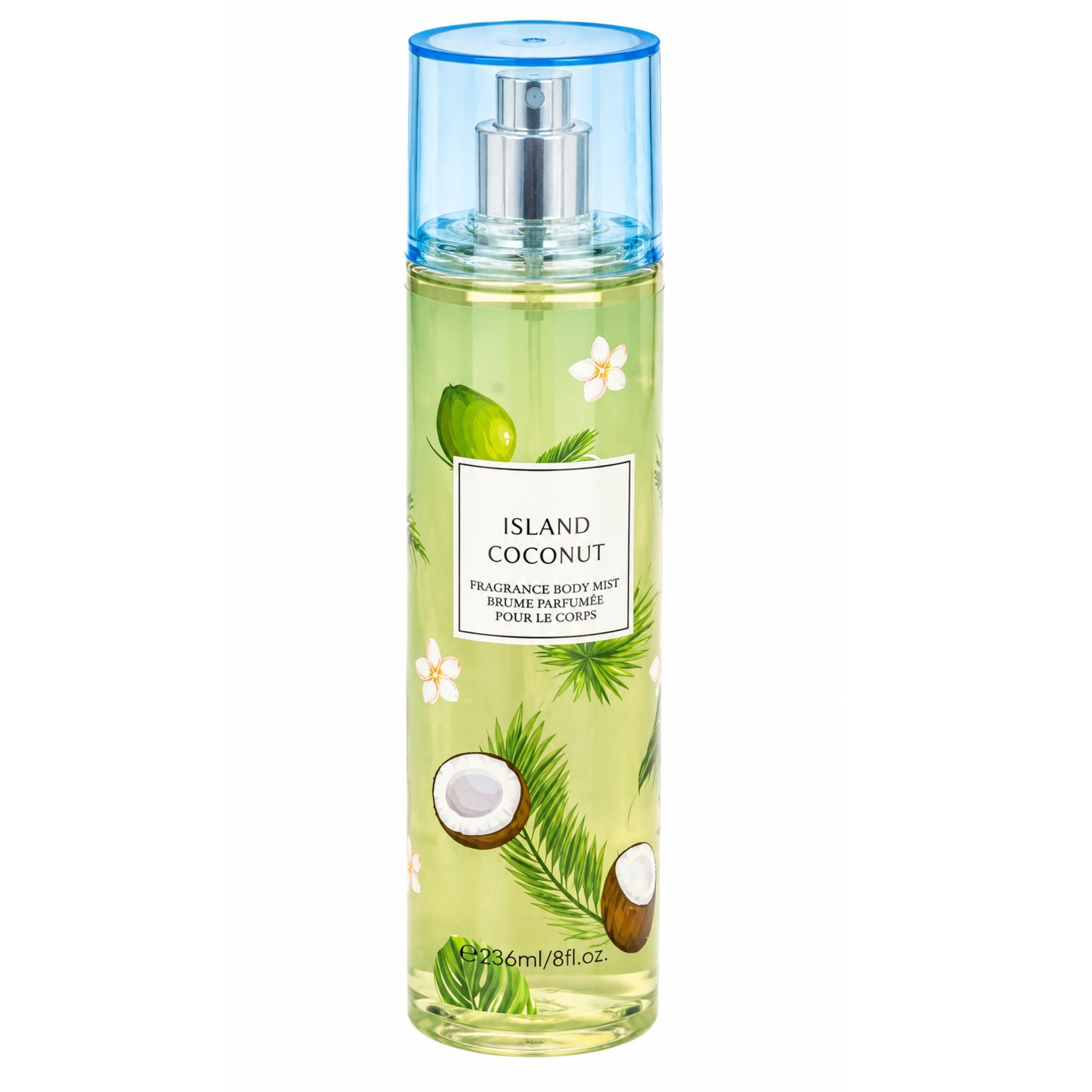 A bottle of Island Coconut Fragrance Body Mist with a clear cap, showing a light green liquid inside, decorated with illustrations of coconuts, palm leaves, and white flowers.
