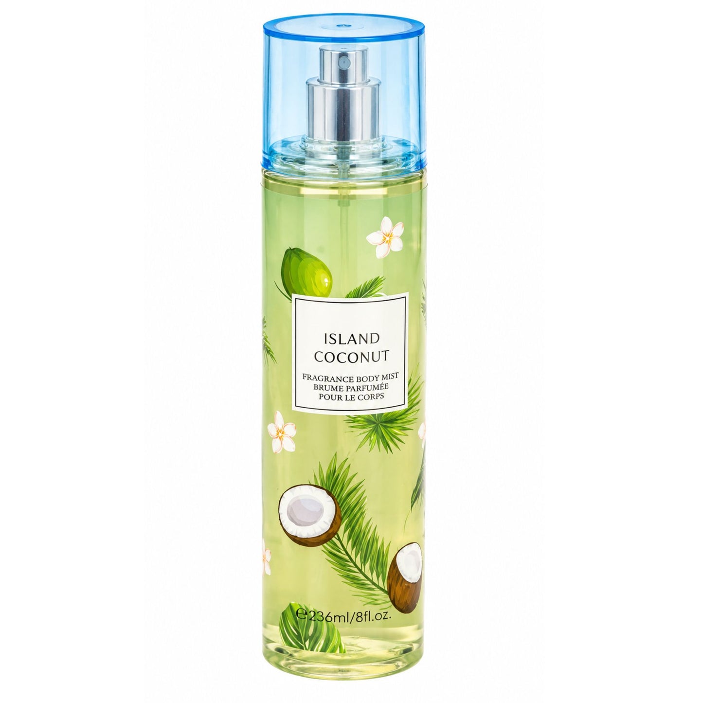 A bottle of Island Coconut Fragrance Body Mist with a clear cap, showing a light green liquid inside, decorated with illustrations of coconuts, palm leaves, and white flowers.