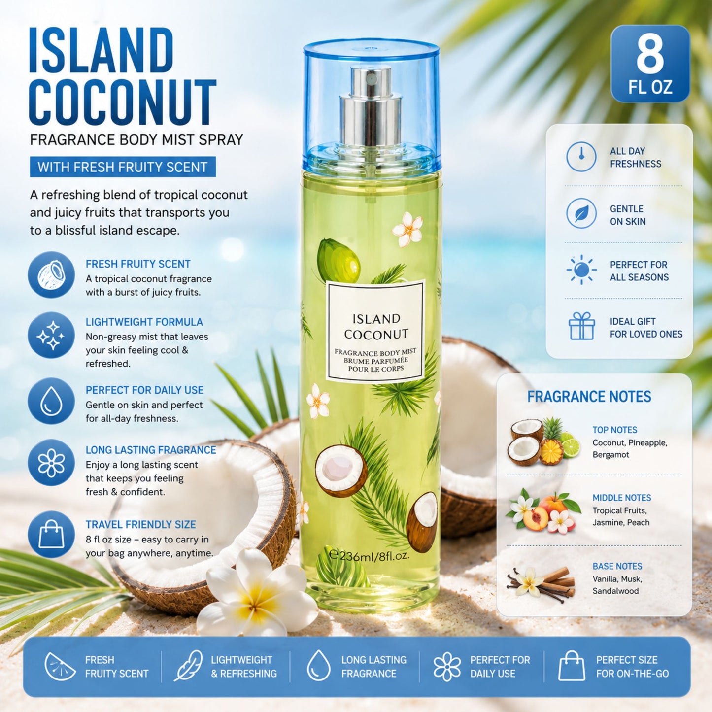 Island Coconut Fragrance Body Mist Spray bottle with a blue cap and green-and-white tropical label, shown on a light beige background with product details, scent notes, and usage icons.