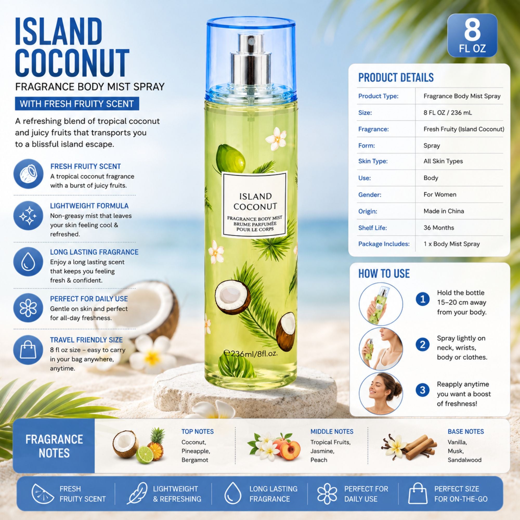 Island Coconut Fragrance Body Mist Spray bottle centered on a light blue and white infographic background with product details, scent notes, and usage instructions.