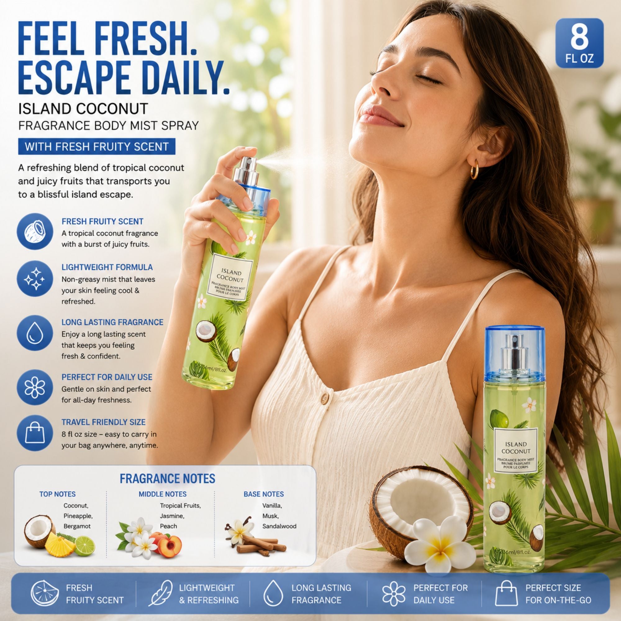 A woman holds a bottle of Island Coconut Fragrance Body Mist Spray, with a second bottle shown on a tree branch in the background. The image is a promotional graphic with text highlighting the fresh fruity scent, lightweight formula, and long-lasting fragrance, along with fragrance notes and an 8 fl oz size.