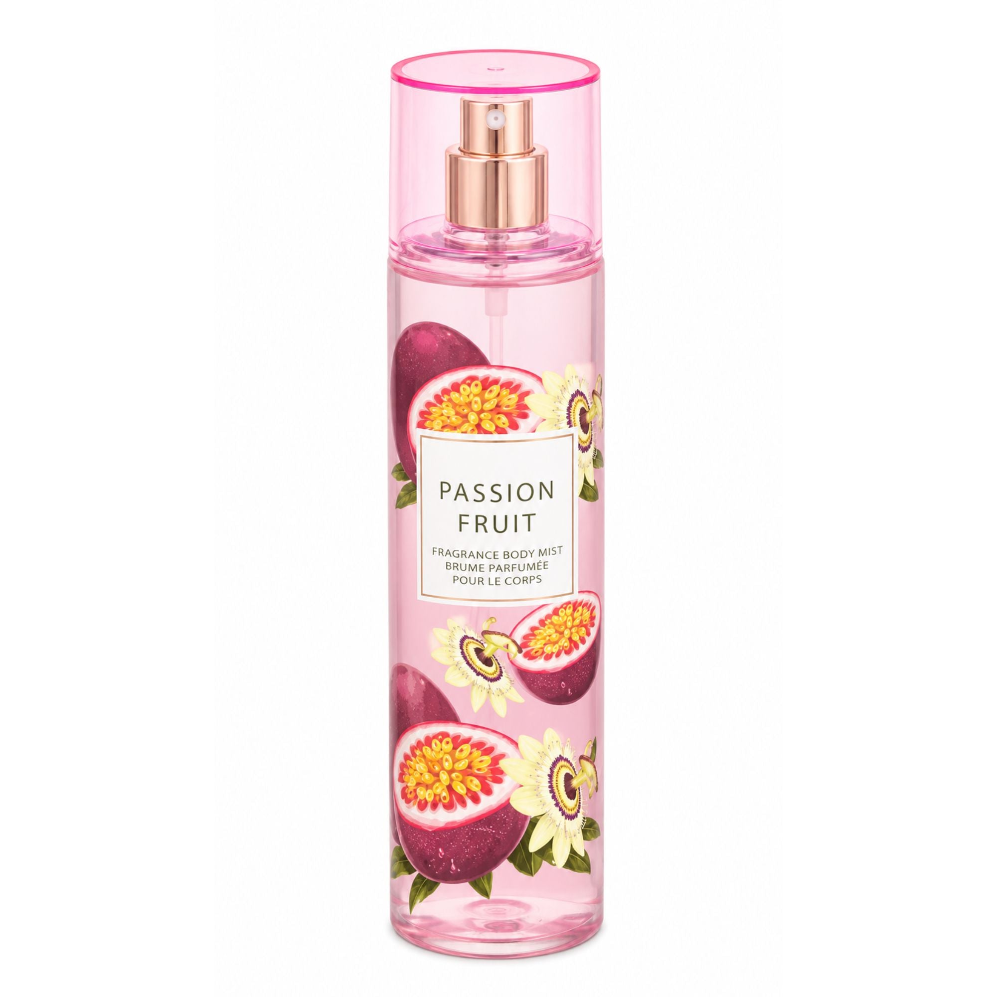 A clear cylindrical bottle of Passion Fruit fragrance body mist with a pink cap and rose gold spray mechanism, decorated with illustrations of passion fruit and kiwi on a white background.