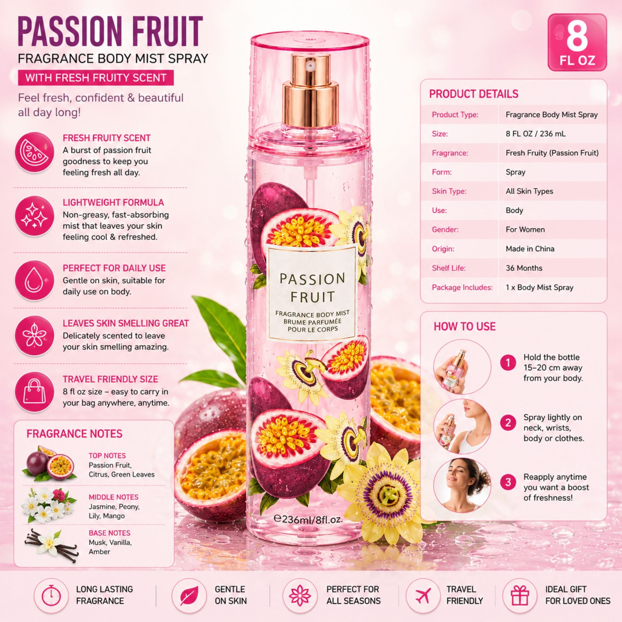 Passion Fruit Fragrance Body Mist Spray in an 8 oz pink bottle with a rose gold cap, shown on a light pink infographic background with scent notes, product details, and usage instructions.