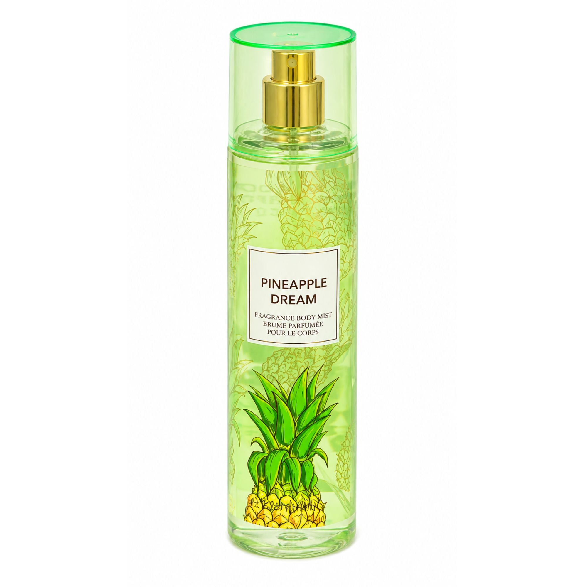 A clear cylindrical bottle of body mist with a green cap and gold spray mechanism, labeled 'PINEAPPLE DREAM' with a pineapple illustration near the bottom, on a white background.