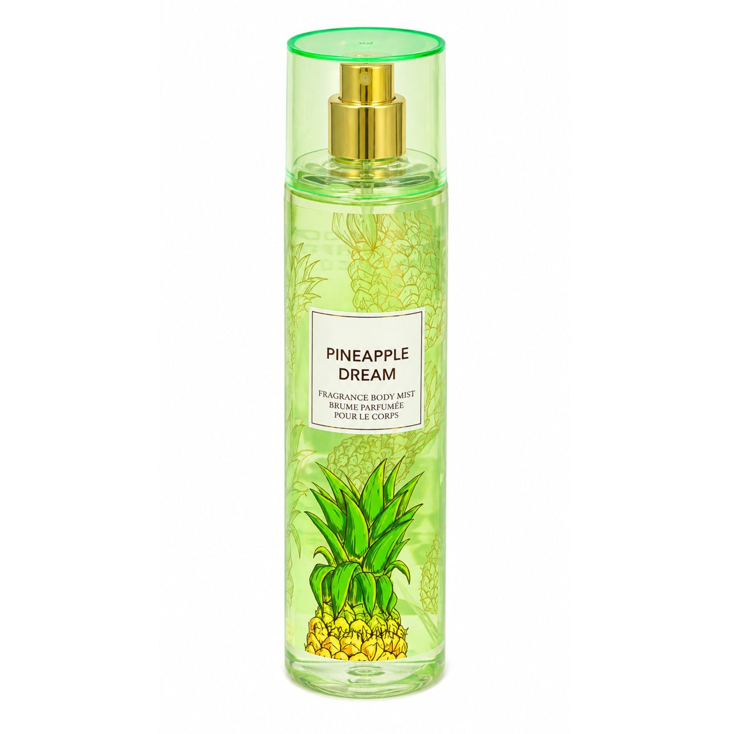 A clear cylindrical bottle of body mist with a green cap and gold spray mechanism, labeled 'PINEAPPLE DREAM' with a pineapple illustration near the bottom, on a white background.