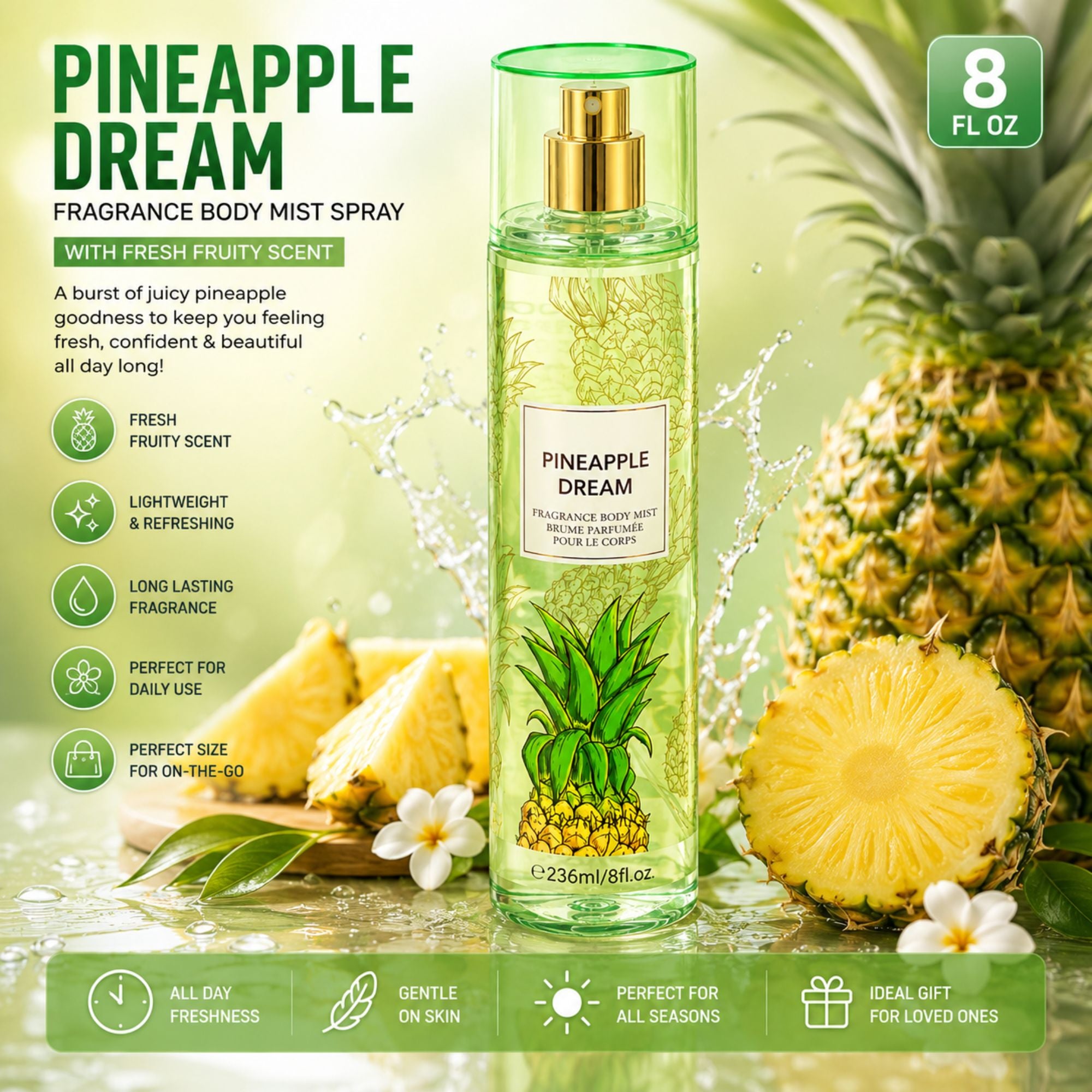 Pineapple Dream fragrance body mist spray bottle with a gold pump and green cap, surrounded by pineapple slices, whole pineapples, and tropical leaves on a green promotional background with text callouts.