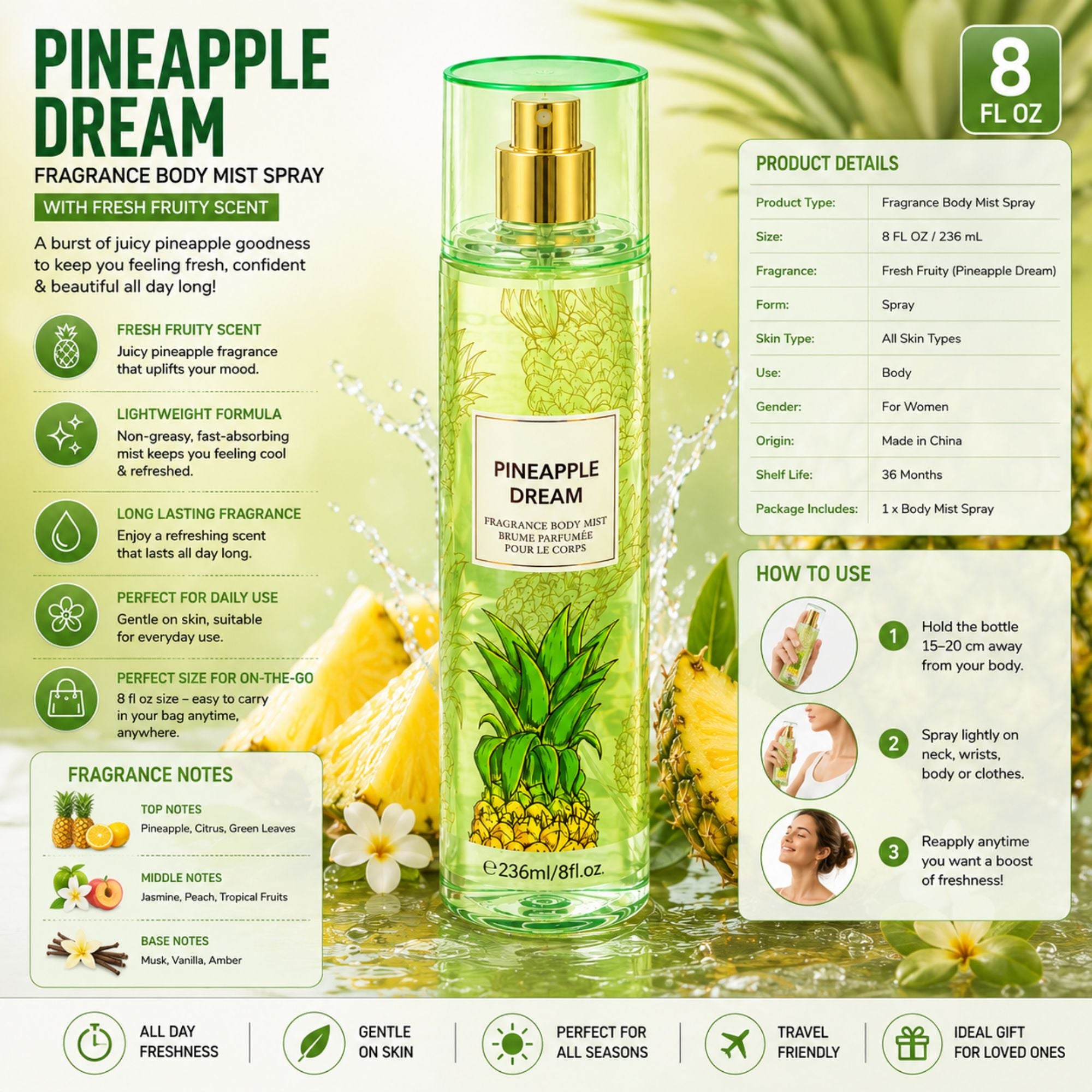 Pineapple Dream Fragrance Body Mist spray bottle with a green cap and gold collar, surrounded by pineapple graphics and informational text panels on a light green background.