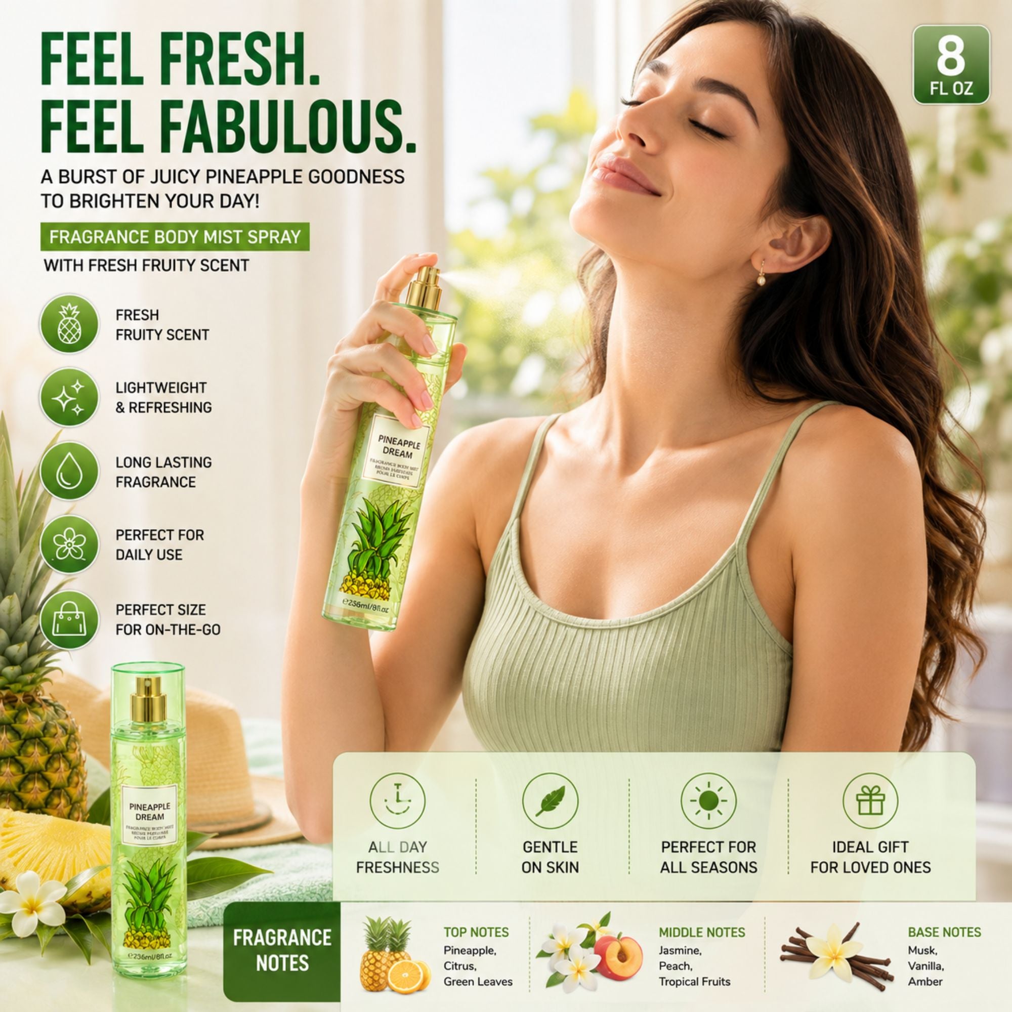 A woman in a ribbed light green tank top holds a bottle of fragrance body mist spray. The ad includes product text, a pineapple and fruit imagery, and a small product bottle shown at the bottom left.