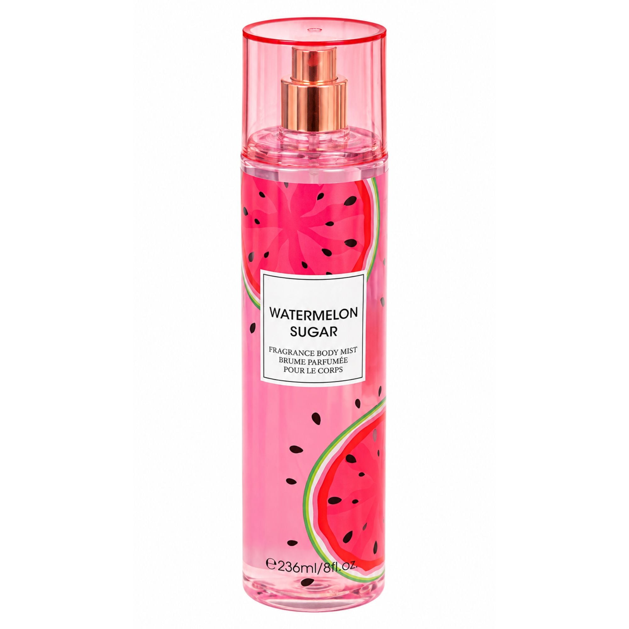A clear cylindrical bottle of fragrance body mist with a pink translucent cap and base, featuring a watermelon slice print in pink, red, and green. The front label reads 'WATERMELON SUGAR' and shows a rose-gold spray nozzle.