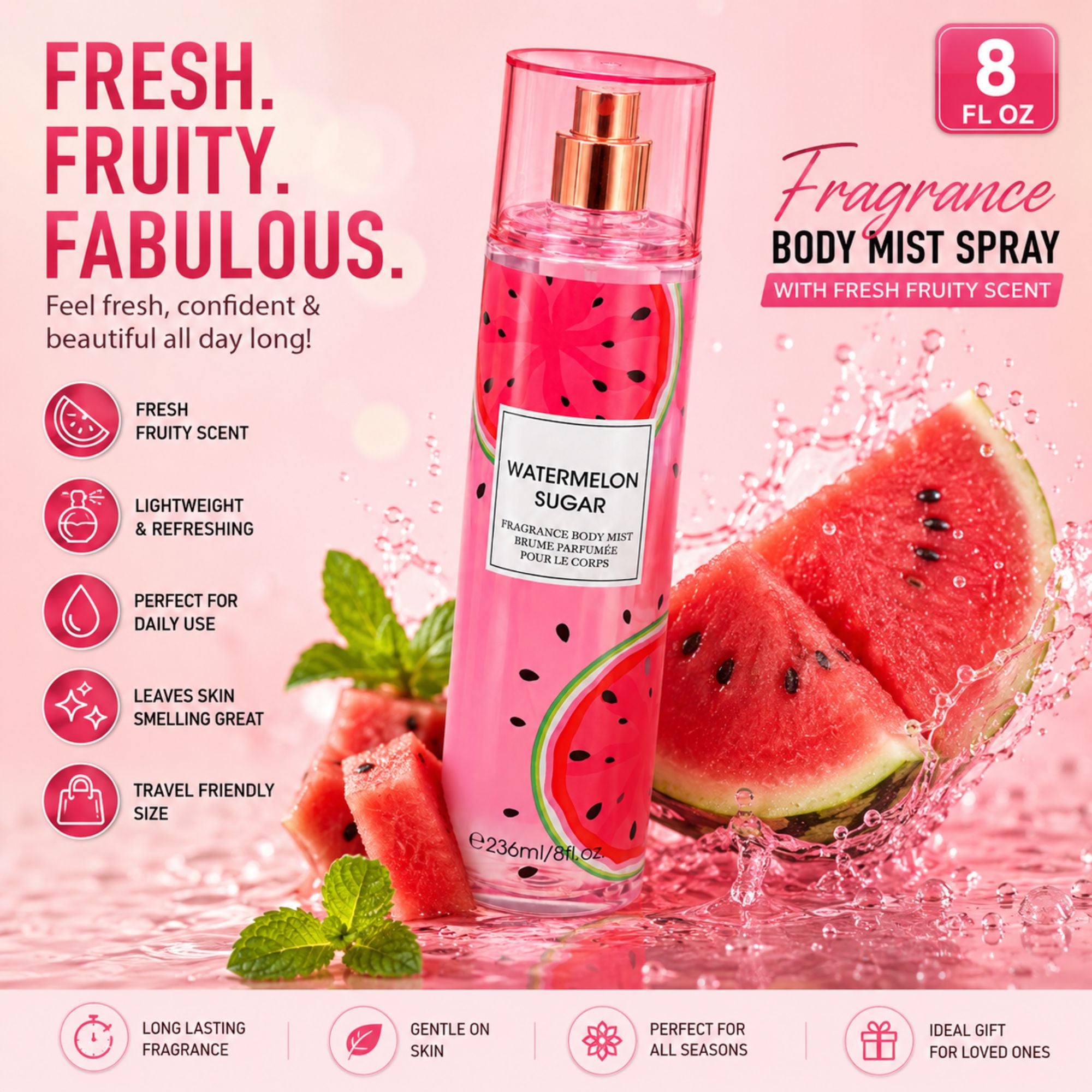 Pink Watermelon Sugar Fragrance Body Mist Spray bottle with watermelon slice graphics, surrounded by watermelon slices, mint leaves, and pink splash effects on a pink background with promotional text.