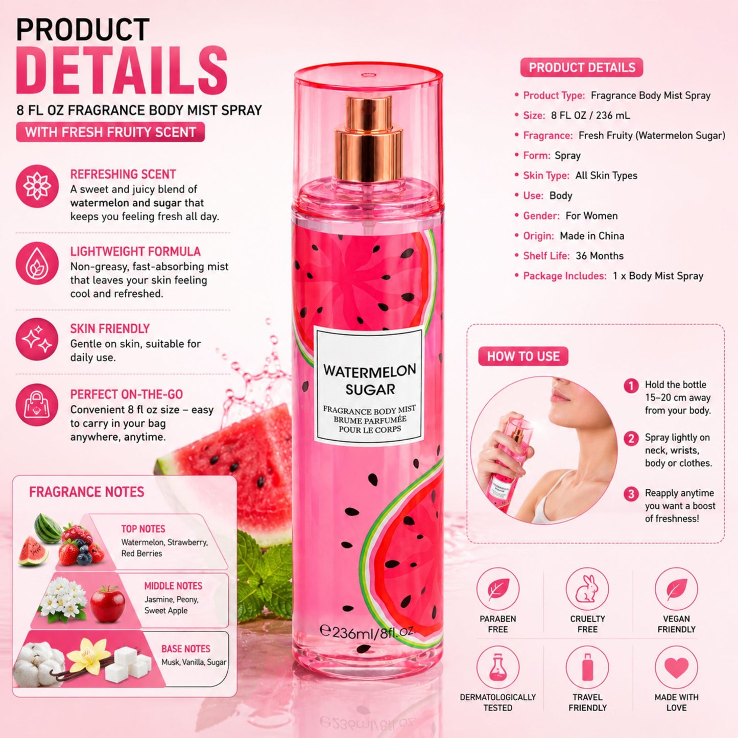 Pink 8 fl oz body mist spray bottle with a rose gold cap and watermelon graphic, surrounded by product details, usage instructions, and fragrance notes on a pink background.