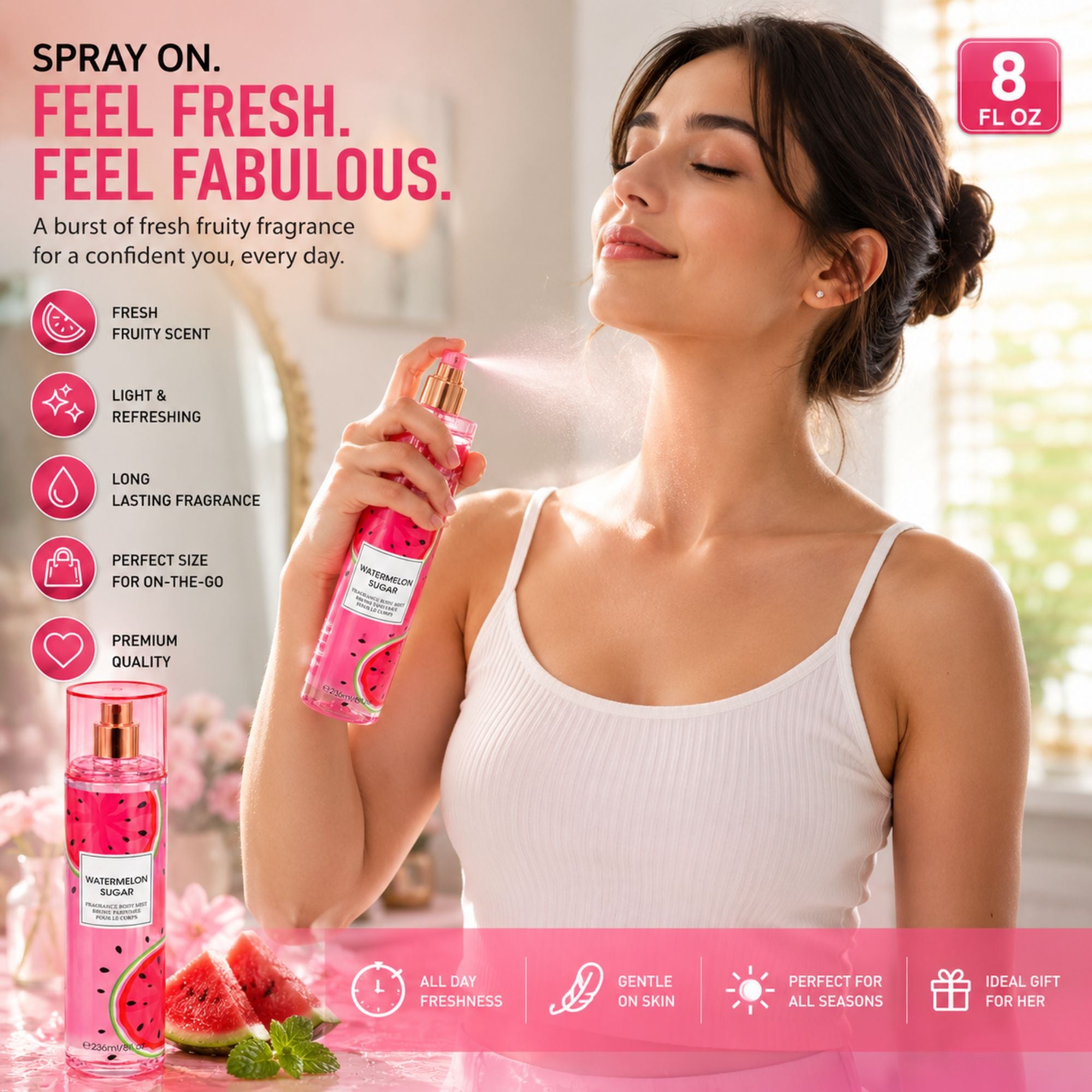 A woman sprays a pink watermelon-themed fragrance bottle while wearing a white ribbed tank top in a bright indoor setting. The ad includes product text, scent benefits, a bottle with watermelon slices, and an 8 Fl Oz size badge.