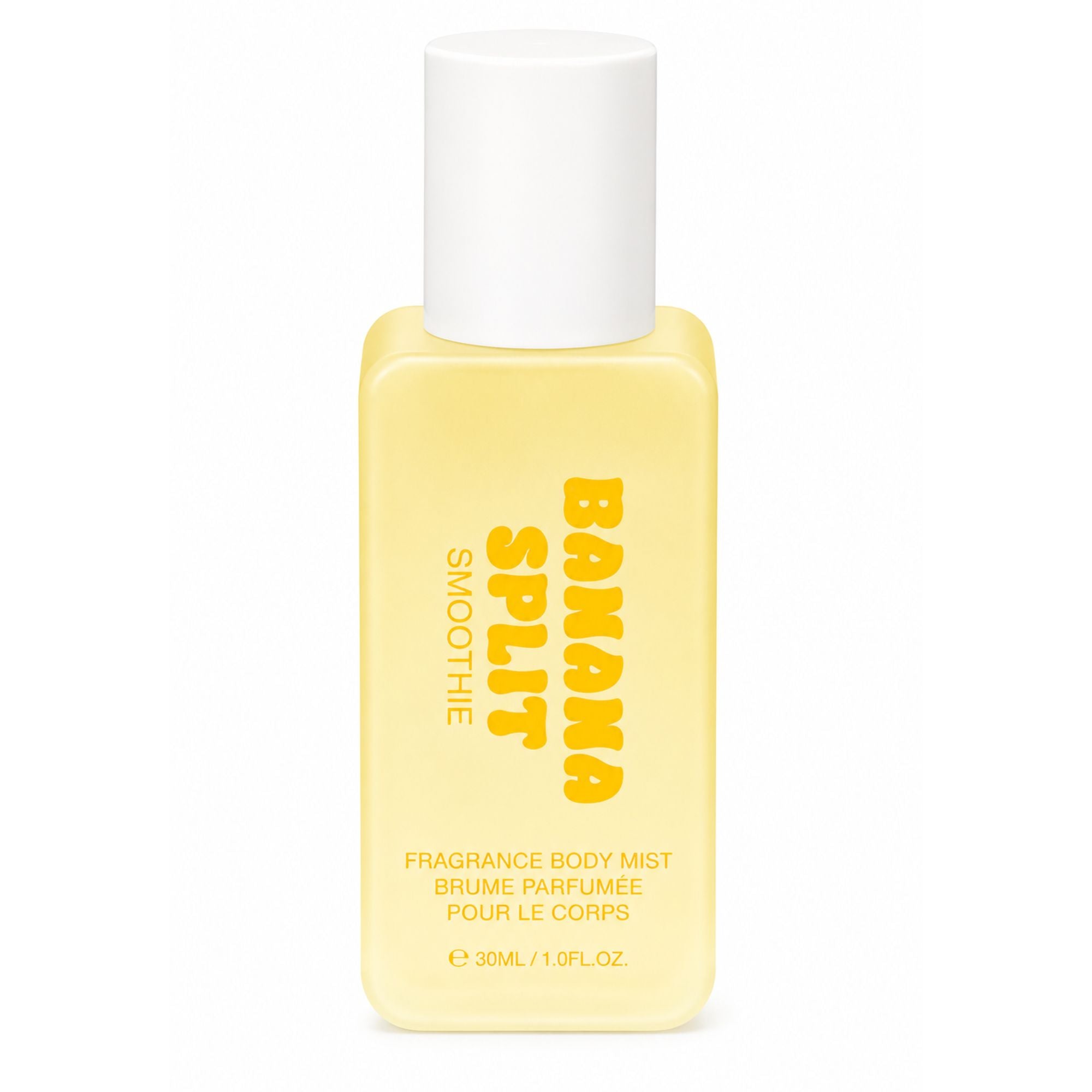 A 30ml bottle of Banana Split Smoothie fragrance body mist, featuring a pale yellow translucent bottle with bold yellow text and a white cap, set against a plain white background.