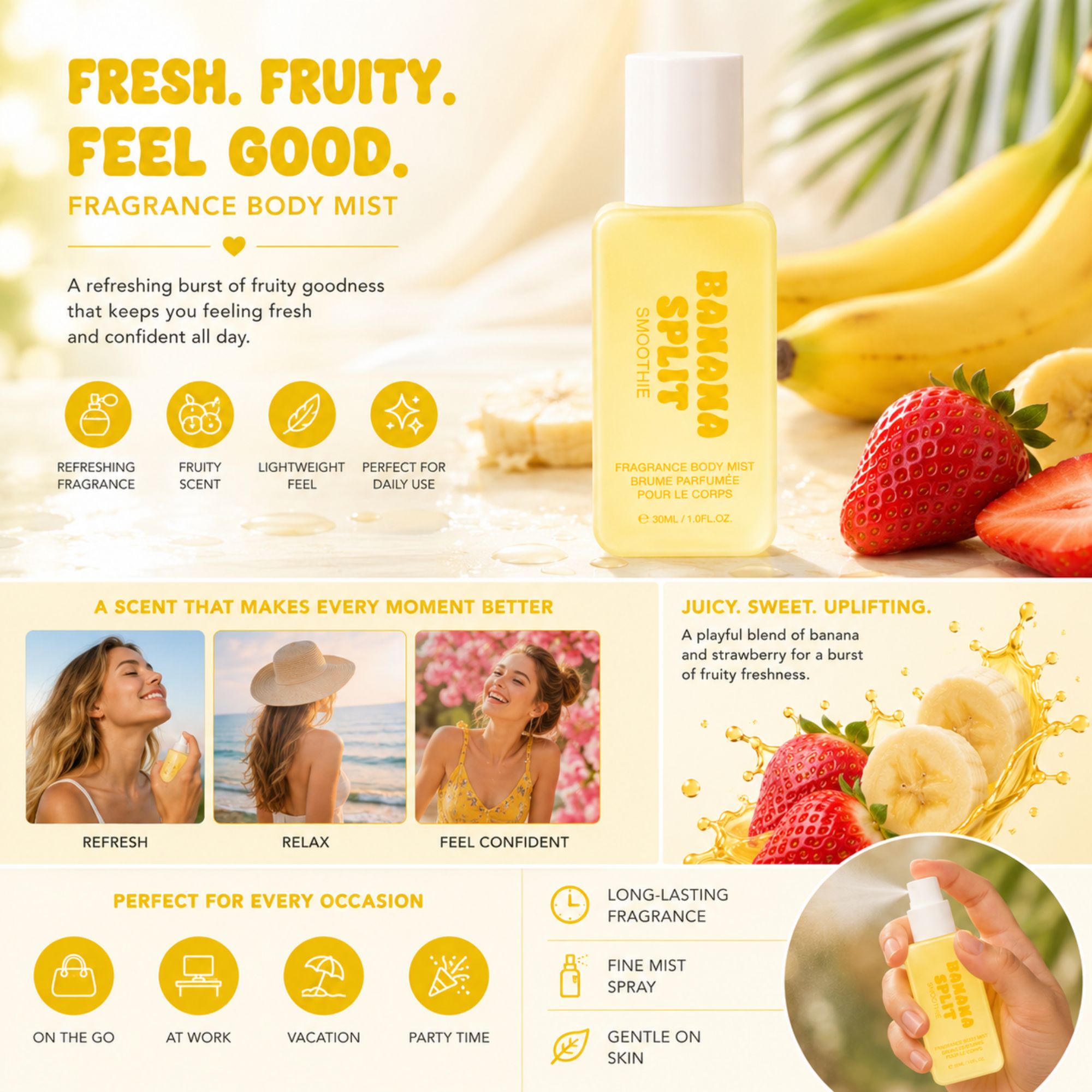 Banana Smooth Fragrance Body Mist bottle shown on a bright, tropical-themed marketing graphic with bananas, strawberries, and text highlighting fruity scent and refreshing qualities.