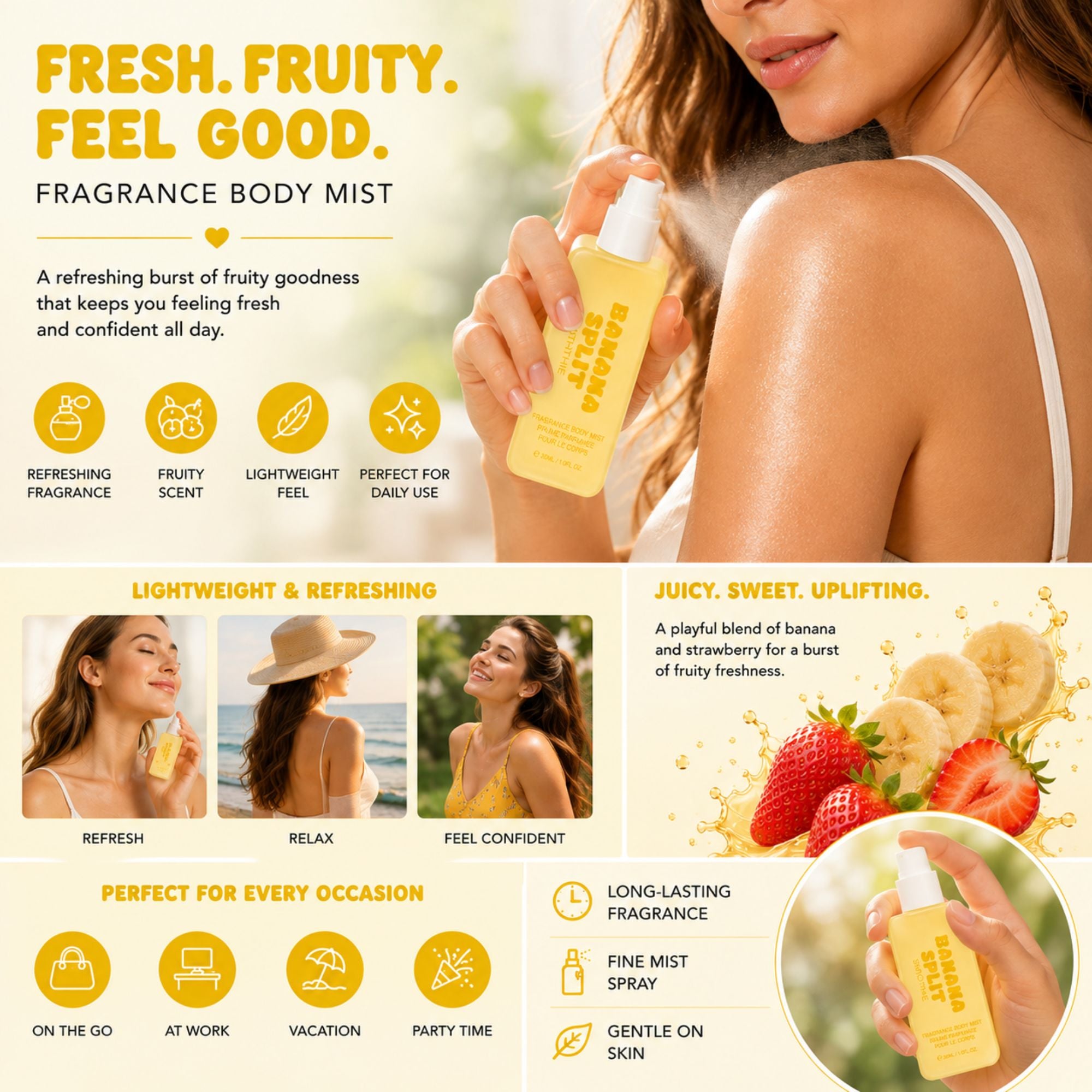 A promotional graphic for a body mist bottle labeled 'FRESH FRUITY UPLIFTING' held by a woman in a bright, warm-toned design. The layout includes text callouts, icons, and smaller lifestyle photos of women in beach and casual settings, with strawberries and banana imagery suggesting a fruity scent profile.