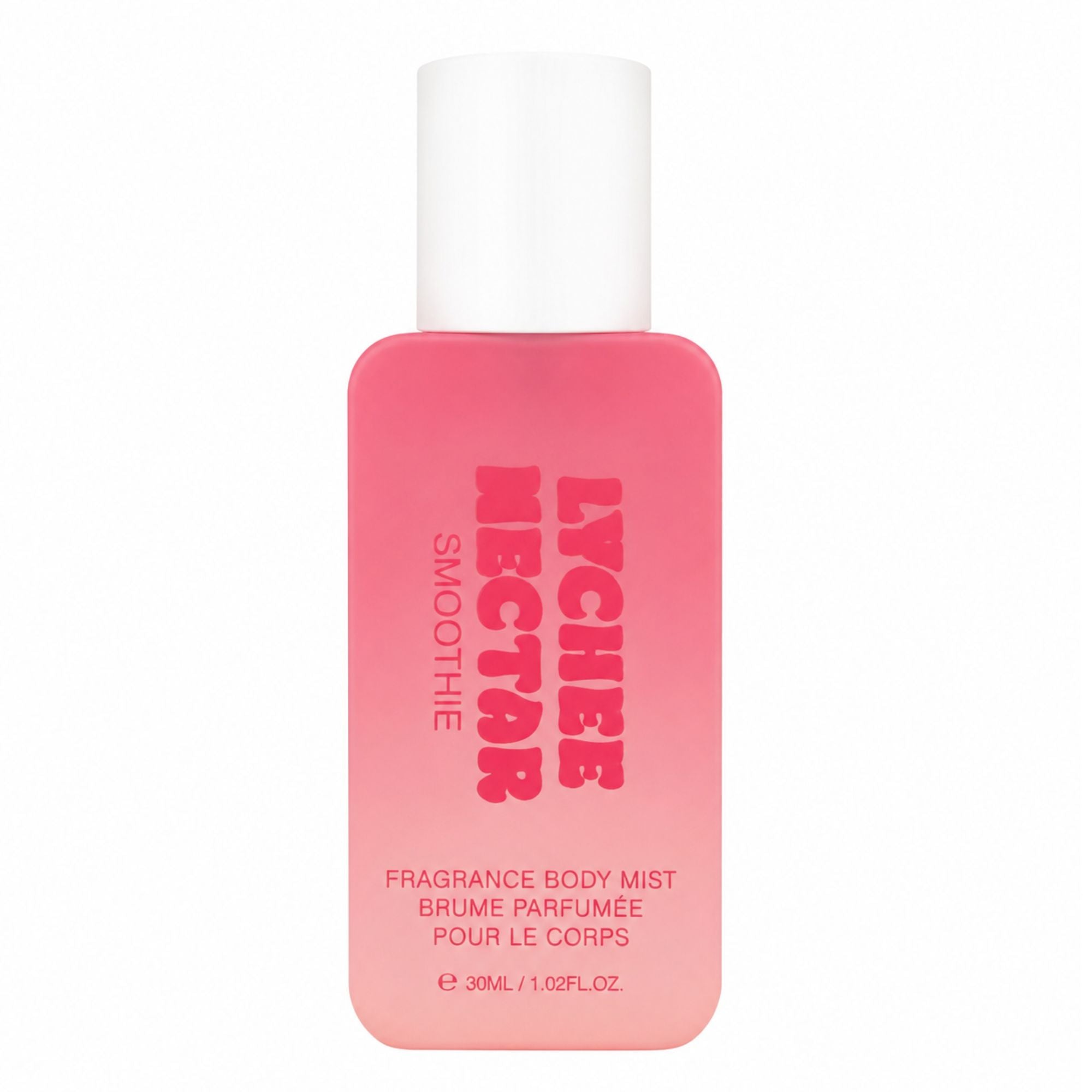 A 30ml bottle of Lychee Nectar Smoothie Fragrance Body Mist, featuring a vibrant pink gradient bottle with a white cap, set against a plain white background.